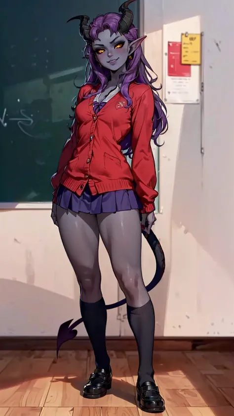 ((shiny eyes, 1girl, milf, standing, sexy pose, ((BGAlfira, long hair, magenta hair, yellow eyes, horns, demon girl, gray skin, purple skin, devil tail, small bust, small breasts)), perfect face, sharp focus, professional artwork, intricate details)), ((fitness,, shapely body, athletic body, toned body)), (((Cute High School Girl, full body, gyaru, gal schoolgirl, smug, classroom, skirt, red cardigan, school uniform, tiefling)))