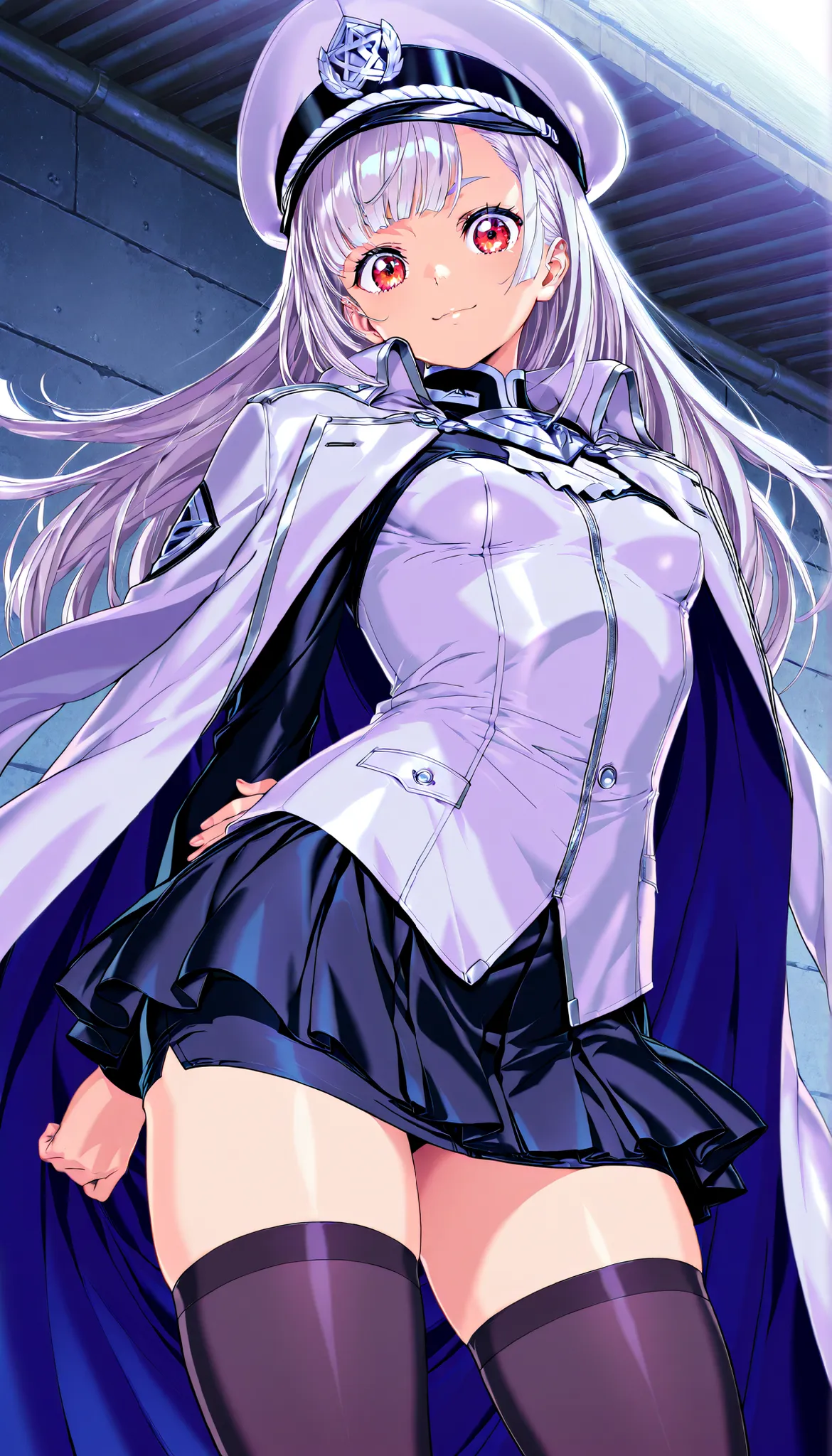 (Yokota Mamoru style),masterpiece, Top quality, Newest, high resolution, 1 girl,stare at the viewers,Charming smile,(face up:1.S-lllu,1girl, (Small Breasts), (red eyes:1.2), from below, looking at viewer,
TFMTG, black legwear, mini skirt, silver hair,sil...