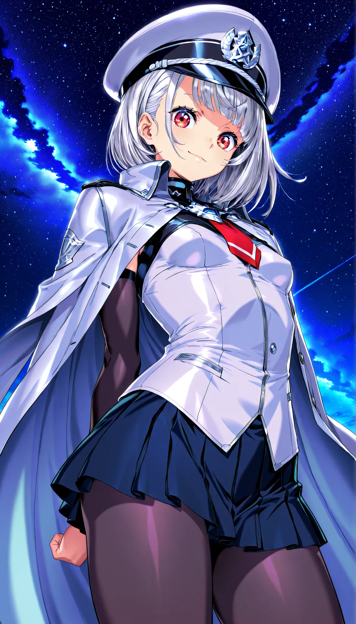 (Yokota Mamoru style),masterpiece, Top quality, Newest, high resolution, 1 girl,stare at the viewers,Charming smile,(face up:1.S-lllu,1girl, (Small Breasts), (red eyes:1.2), from below, looking at viewer,
TFMTG, black legwear, mini skirt, silver hair,sil...