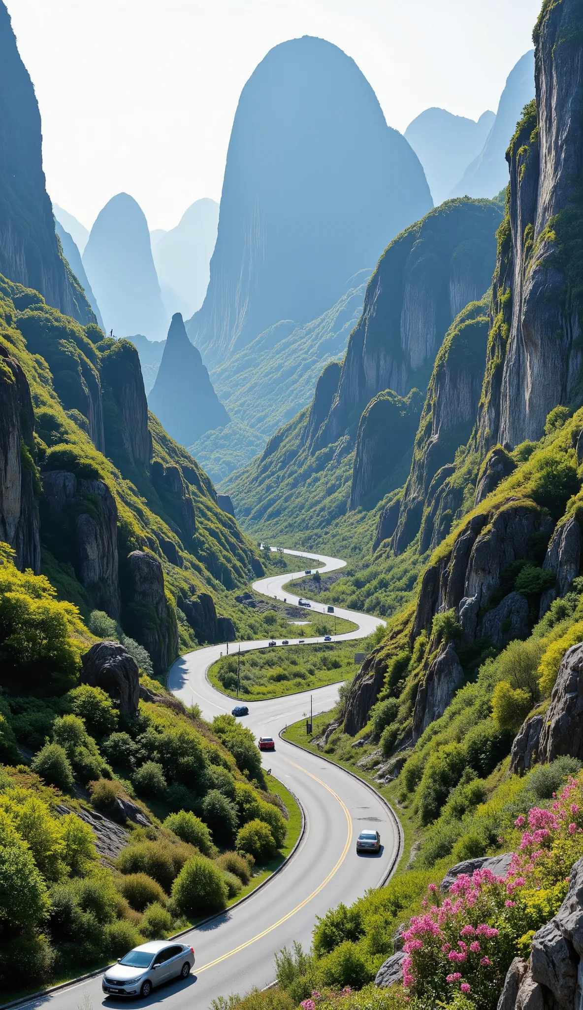 masterpiece、Best Quality Picture、World Heritage Sites in China(Wulingyuan)のmasterpiece、Rockと緑のアート、Cars are driving on a winding road that overlaps、detailsなCG統一8K壁紙、 Scenery、Outdoors、Clear Sky、 Scenery、Rock、tree、色とりどりのFlower、Cliff 、nature、details、high resol...