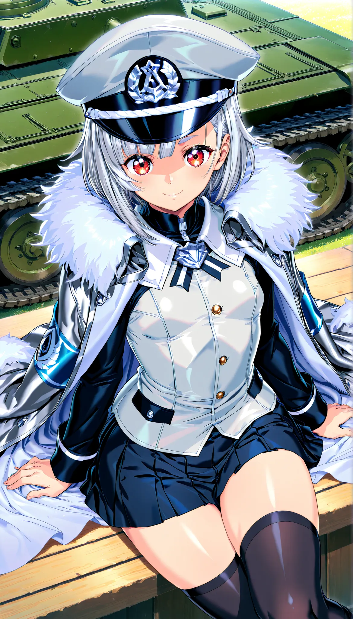 (Yokota Mamoru style),masterpiece, Top quality, Newest, high resolution, 1 girl,stare at the viewers,Charming smile,(face up:1.S-lllu,1girl, (Small Breasts), (red eyes:1.2),  
 TFMTG, black legwear, mini skirt, silver hair,silver officer hat
RAW photos, (Top quality:1.3), high resolution, (masterpiece), (Photoreal:1.3), PROFESSIONAL PHOTOGRAPHY, clear focus, HDR, 8k Resolution, Intricate Details, Highly detailed CG Unity 8K wallpaper, solo, (Realistic Skin), cape,silver jacket on shoulder, (arms underjacket), military tank on background