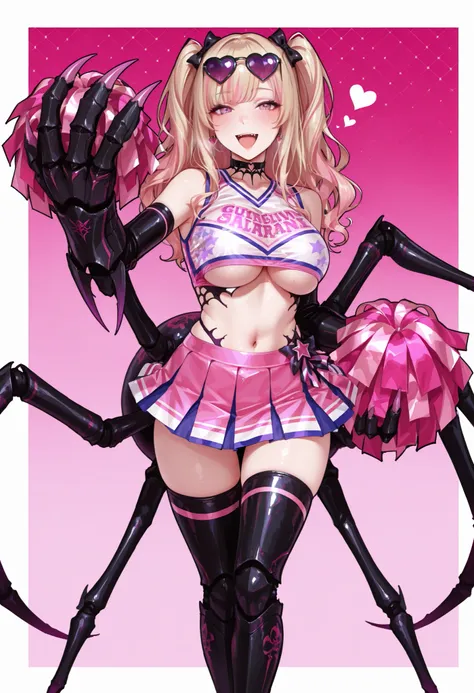 Gal Arachne. Blonde hair. Wavy twin-tail hair. Pink bangs. Heart sunglasses. Underboob costume. Cheerleader-style costume. Purple and pink costume. Black armored arms. Sharp claws. Pink claws. White spider body. Spider legs. Tarantula body.
