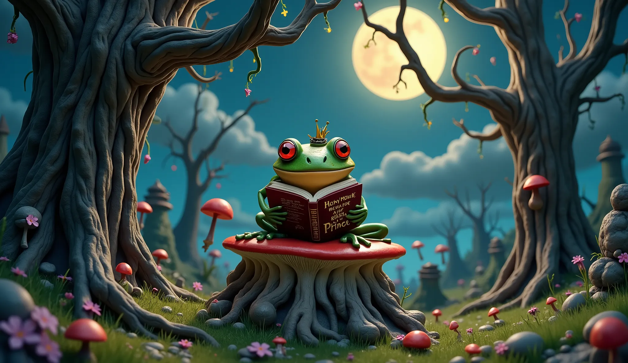 whimsical super-detailed surreal gothic witchy frog reading a book "How to become a prince"  on a melting mushroom with intricate mystical magical forest graveyard scene with large twisted haunted trees background with full moon above and a starry sky mute...