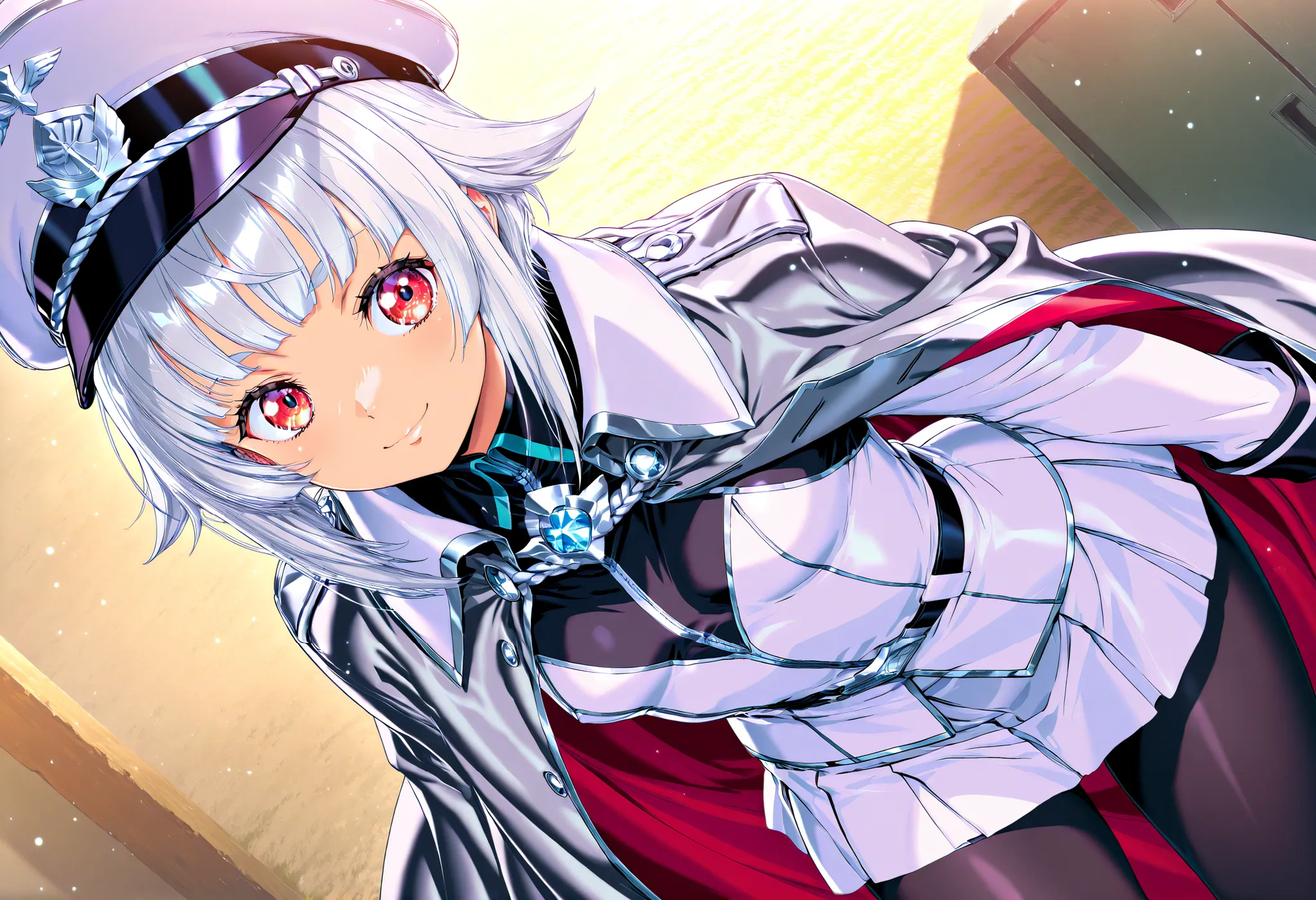 (Yokota Mamoru style),masterpiece, Top quality, Newest, high resolution, 1 girl,stare at the viewers,Charming smile,(face up:1.S-lllu,1girl, (Small Breasts), (red eyes:1.2),  
 TFMTG, black legwear, mini skirt, silver hair,silver officer hat
RAW photos, (Top quality:1.3), high resolution, (masterpiece), (Photoreal:1.3), PROFESSIONAL PHOTOGRAPHY, clear focus, HDR, 8k Resolution, Intricate Details, Highly detailed CG Unity 8K wallpaper, solo, (Realistic Skin), cape,silver jacket on shoulder, (arms underjacket), military tank on background、from the front