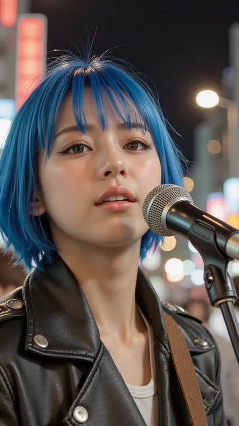  photorealistic, ultra-detailed, cinematic lighting, (hair with blue inner color), ((very very short hair:1.5, Cecil cut:1.5)), (boyish style:1.3), (view from below:1.5), (Tokyo street, street performance, singing passionately), ((band girl, leather jacket...