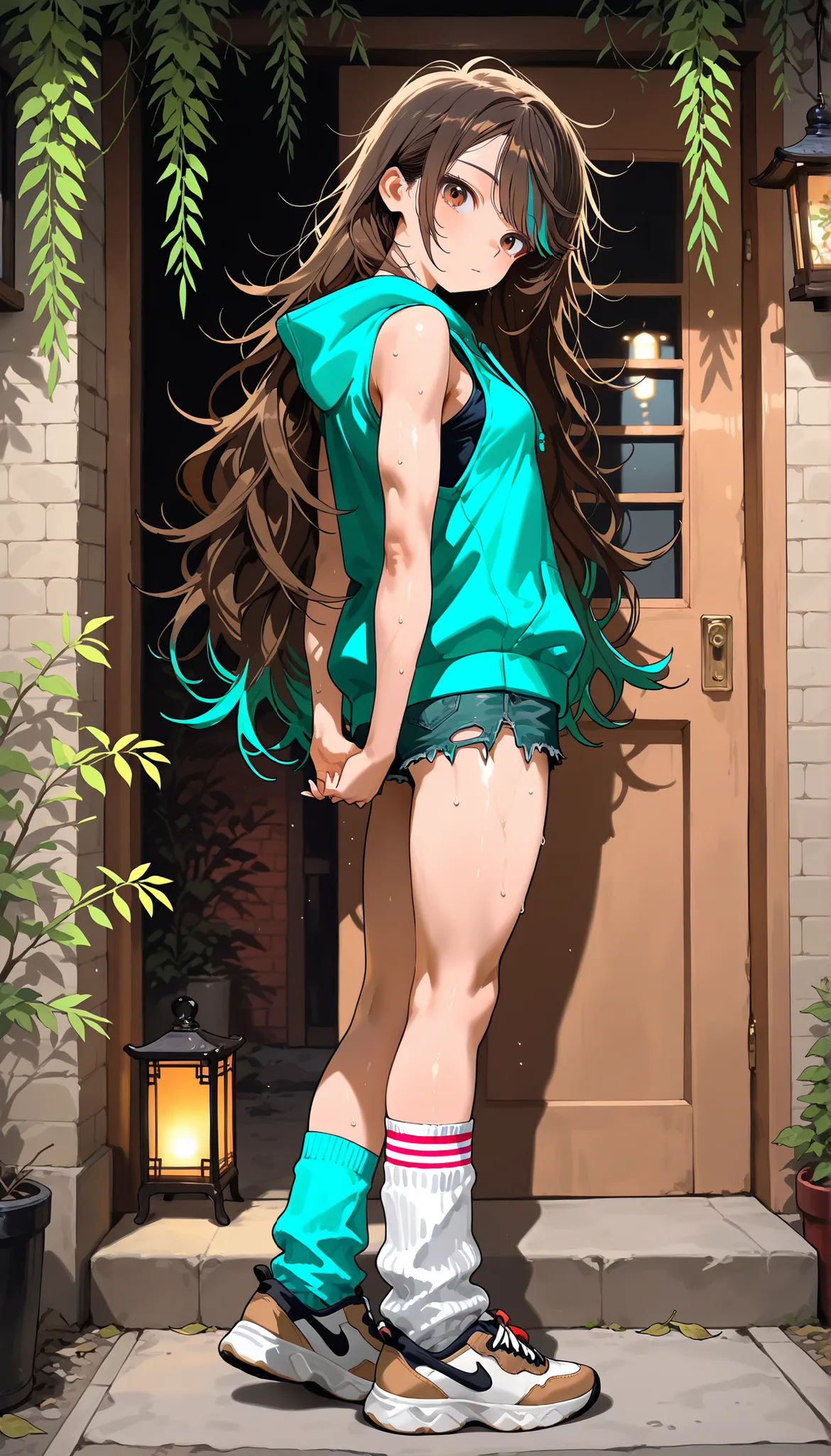 1girl, solo, full body, brown eyes, very long hair, brown hair, teal highlights, swept bangs, small breasts, messy hair, toned arms, from side, looking back, head tilt, sleeveless, bare arms, bare shoulders, teal hoodie, sleeveless hoodie, ripped jean shor...