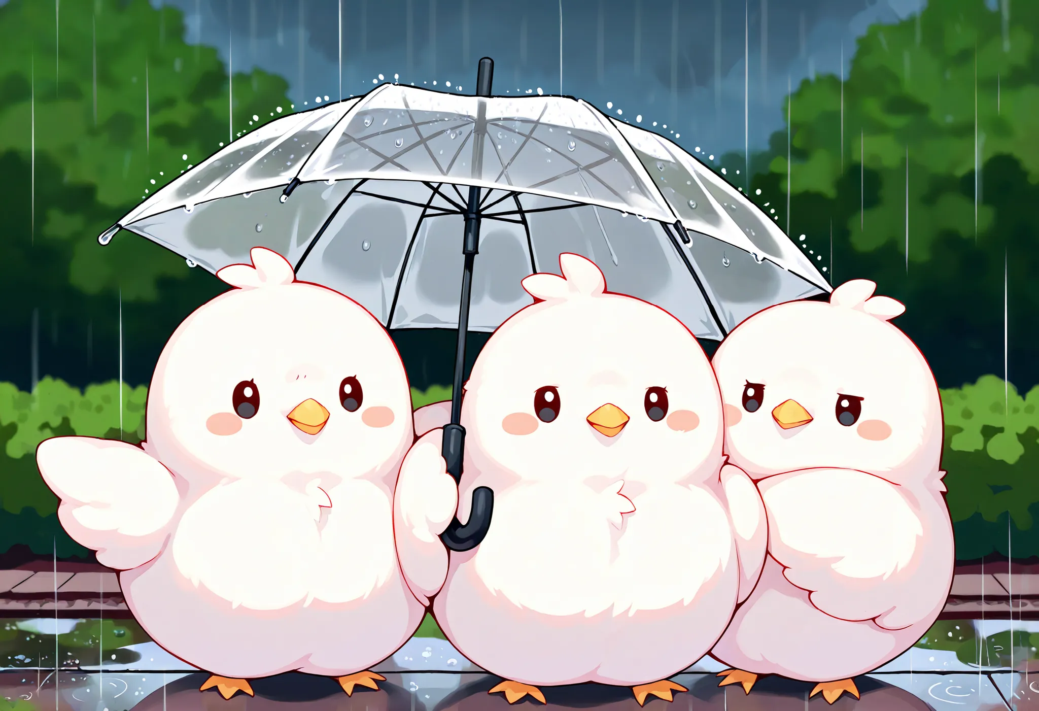 Masterpiece,Best quality, ultra detailed,Japanese Anime style, (pure white sparrow mascot) , round body, fluffy body,simple face, cute appearance, holding a big plastic umbrella. Four pure white sparrows are gathered under the umbrella. Rain. Outdoors.