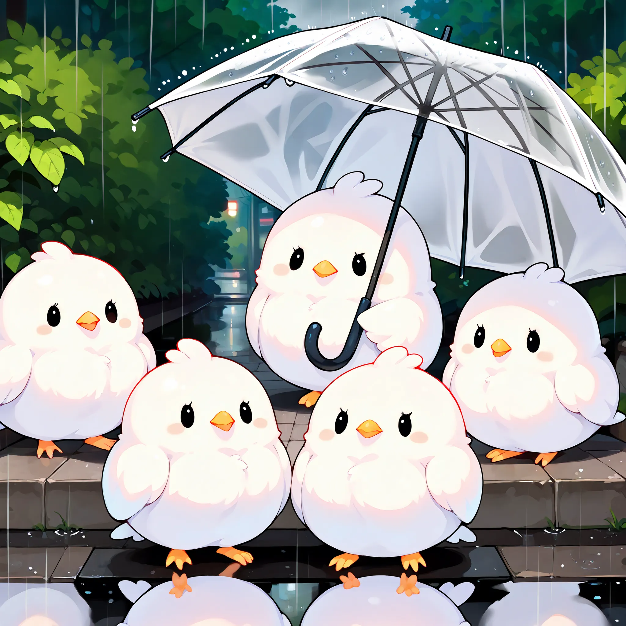 Masterpiece,Best quality, ultra detailed,Japanese Anime style, (pure white sparrow mascot) , round body, fluffy body,simple face, cute appearance, holding a big plastic umbrella. Four pure white sparrows are gathered under the umbrella. Rain. Outdoors,((Co...