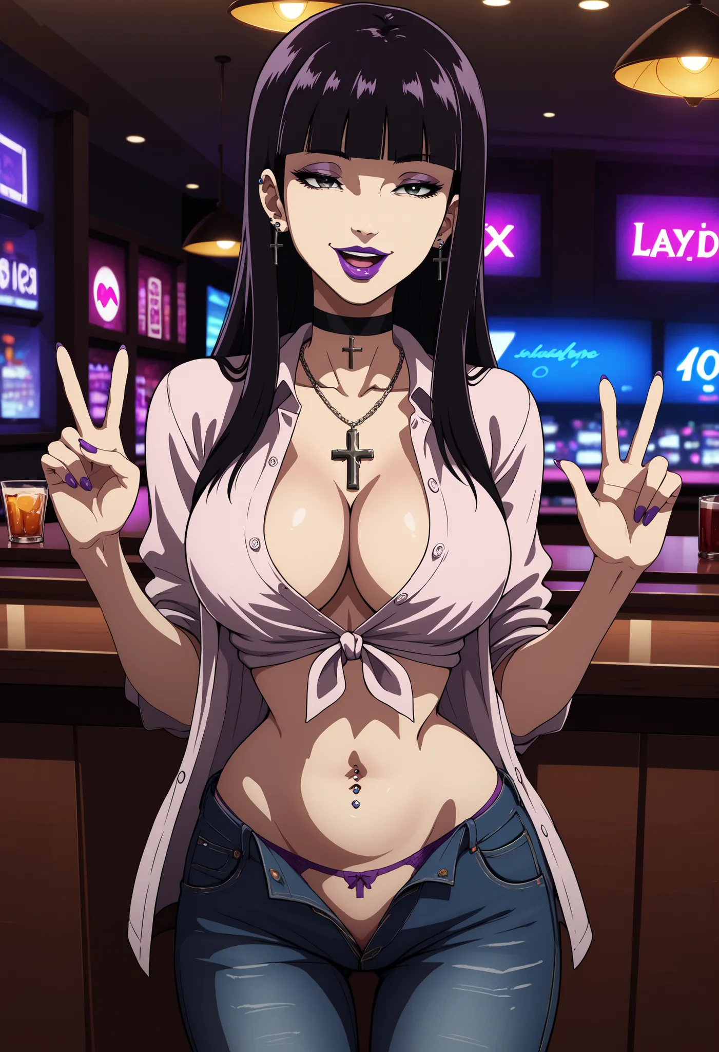 score_9, score_8_up, score_7_up,score_6_up, score_5_up, score_4_up , 1girl, solo,
 ladysiodg, long hair, black hair, hime cut, purple lips, 
,  choker, half-closed eyes, cross, cross necklace,, , ear piercing, long hair, , lipstick,Hot girl, baddie, sensua...