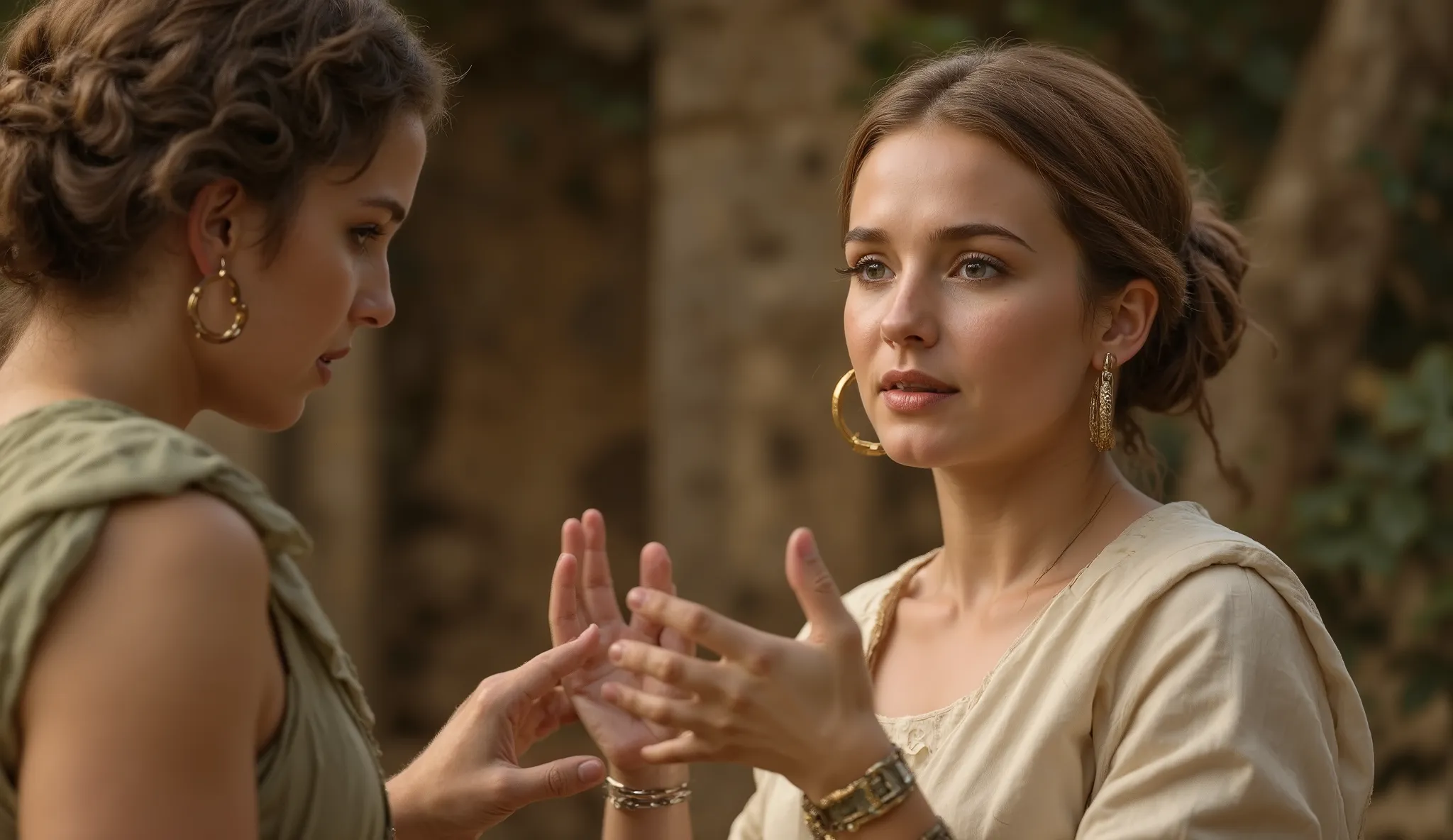 A Greco-Roman princess in mid-conversation, gesturing gracefully with one hand and listening with intent. She wears an ivory toga with olive accents. Her face shows empathy, curiosity, and emotional depth. Cinematic portrait scene, 16:9.