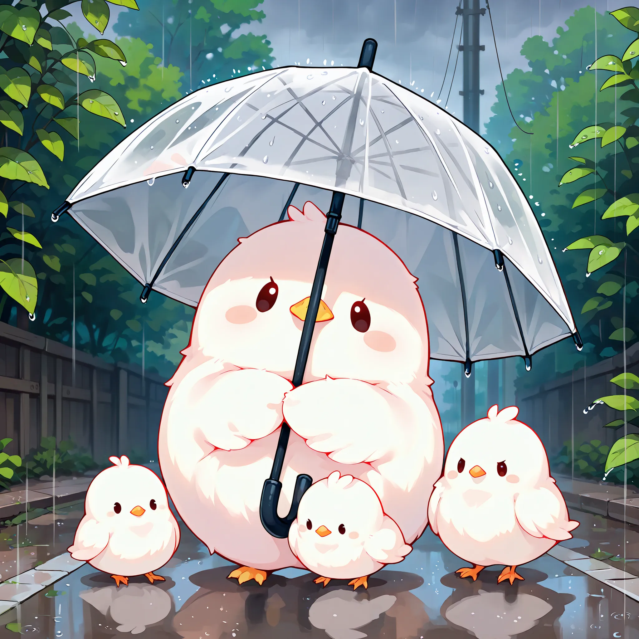 Masterpiece,Best quality, ultra detailed,Japanese Anime style, (pure white sparrow mascot) , round body, fluffy body,simple face, cute appearance, holding a big plastic umbrella. Four pure white sparrows are gathered under the umbrella. Rain. Outdoors,((Co...