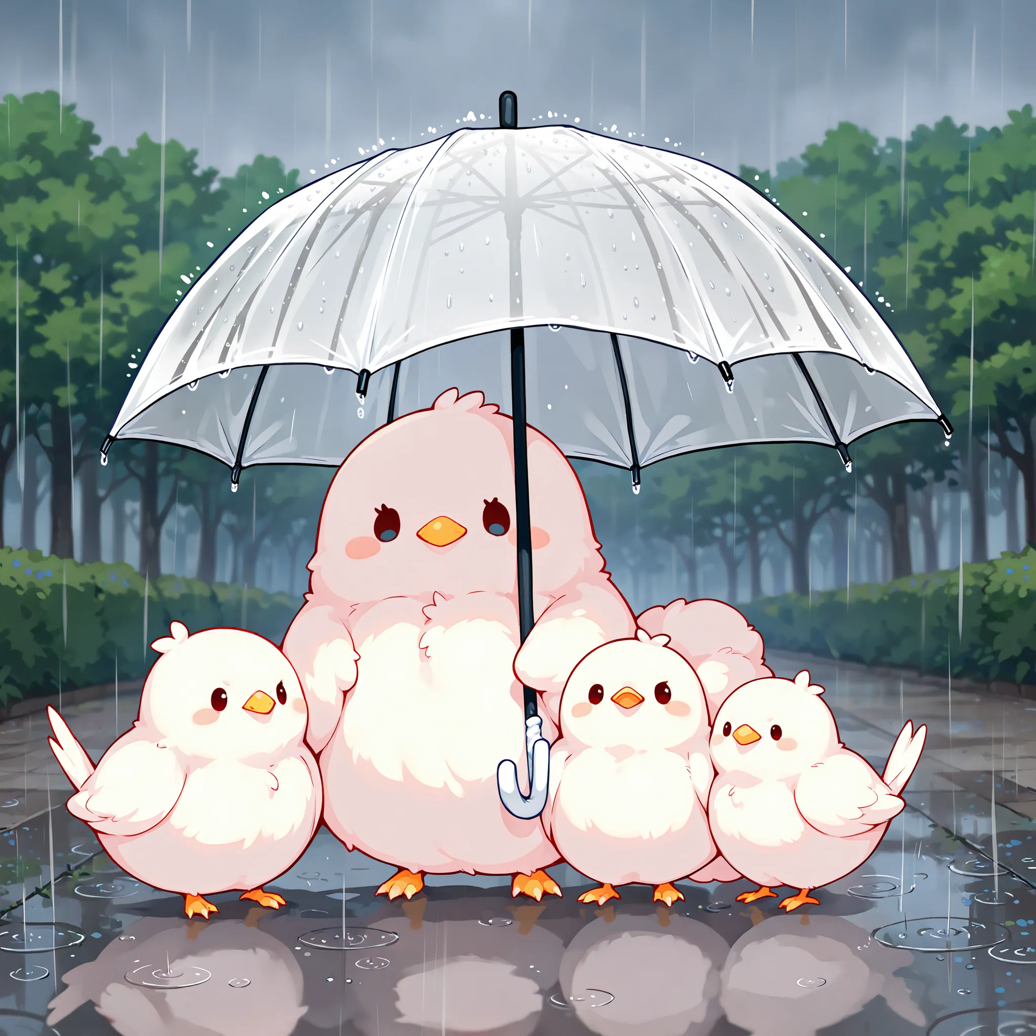 Masterpiece,Best quality, ultra detailed,Japanese Anime style, (pure white sparrow mascot) , round body, fluffy body,simple face, cute appearance, holding a big plastic umbrella. Four pure white sparrows are gathered under the umbrella. Rain. Outdoors,((Co...