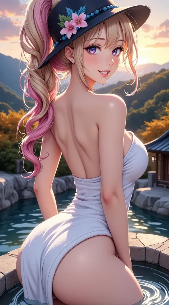  (Masterpiece,  computer, mejor quality,  Clear focus, shadow, anime style, ultra high resolution, 8K, perfect anatomy, perfect face, (Detailed face), (  Detailed eye  ), score_9, score_8_above, score_7_above, score_6_above, score_5_above, score_4_above,  source _animated, Label 1, Label2, quality_Masterpiece, anatomically correct, beautiful face, perfect face, Beautiful and highly Detailed face and eyes, Attractive face, Detailed face, delicate facial features, detailed skin, huge breasts, breast size cup D or DD, wide hips, gigantic butt, thick thighs. Anime style illustration of a beautiful woman with an elegant and sensual look posing in a Japanese onsen (thermal baths) outdoor. She has long hair, blond with pink tips , tied in a high ponytail with a thick braid that falls down his back, and tufts with blue reflections. He wears a large black hat decorated with flowers and blue beads. He wears a wet white towel wrapped around his body, adjusted, slightly transparent, showing the shape of his figure. His eyes are big, brilliant, with shades of purple. Mountain environment with traditional Japanese architecture, trees with golden autumn leaves, clear sky and warm evening light.