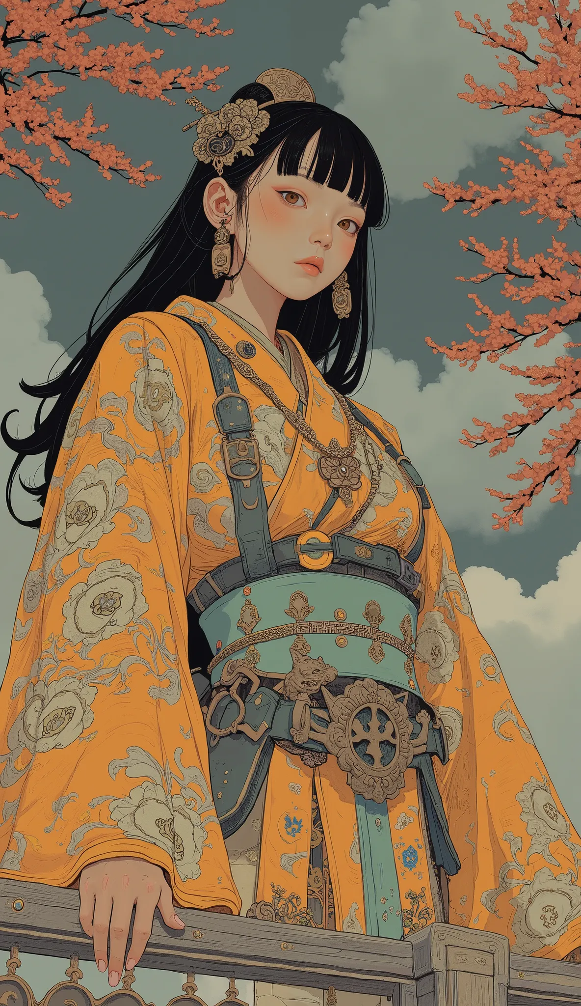 arafed asian woman in a 着物 outfit posing on a ledge, wearing 着物 armor, intricate geisha 着物, highly detailed 着物, in 着物, wearing 着物, in a 着物, wearing 着物 armour, 着物, japanese 着物, wearing a 着物, wearing royal 着物, 宮殿 ， 漢服を着た女の子, とても美しいサイバーパンクサムライ, 刀を背中に縛り付けたものにイ...