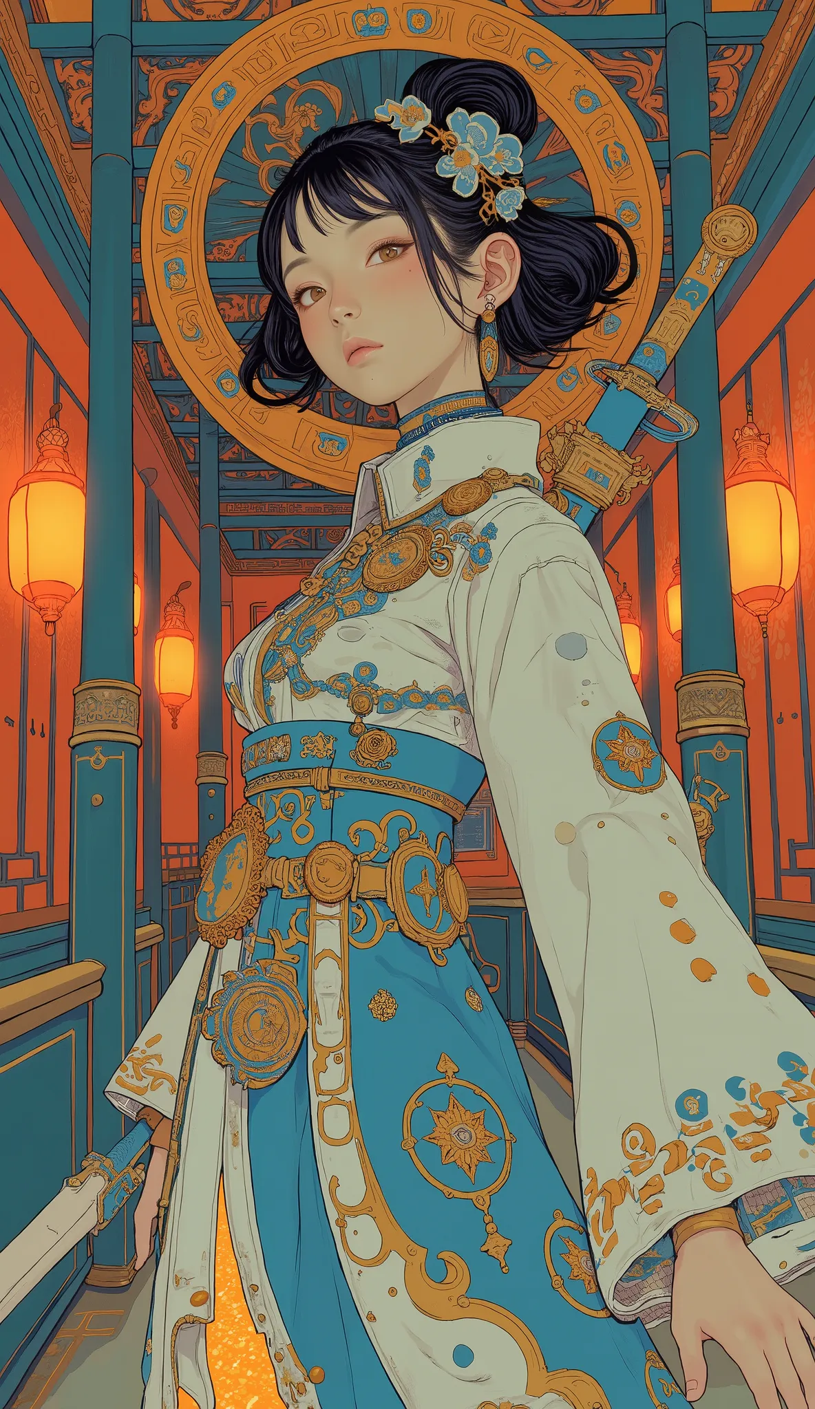 woman in costume holding a sword in her room, Japanese Goddess, Guido Daniele's kimono armor, Traditional beauty, Glamorous Korean pole arm, In kimono, In kimono, very beautiful cyber punk samurai, traditional in Japan, palace ，  A Girl Wearing Hanfu , Jap...