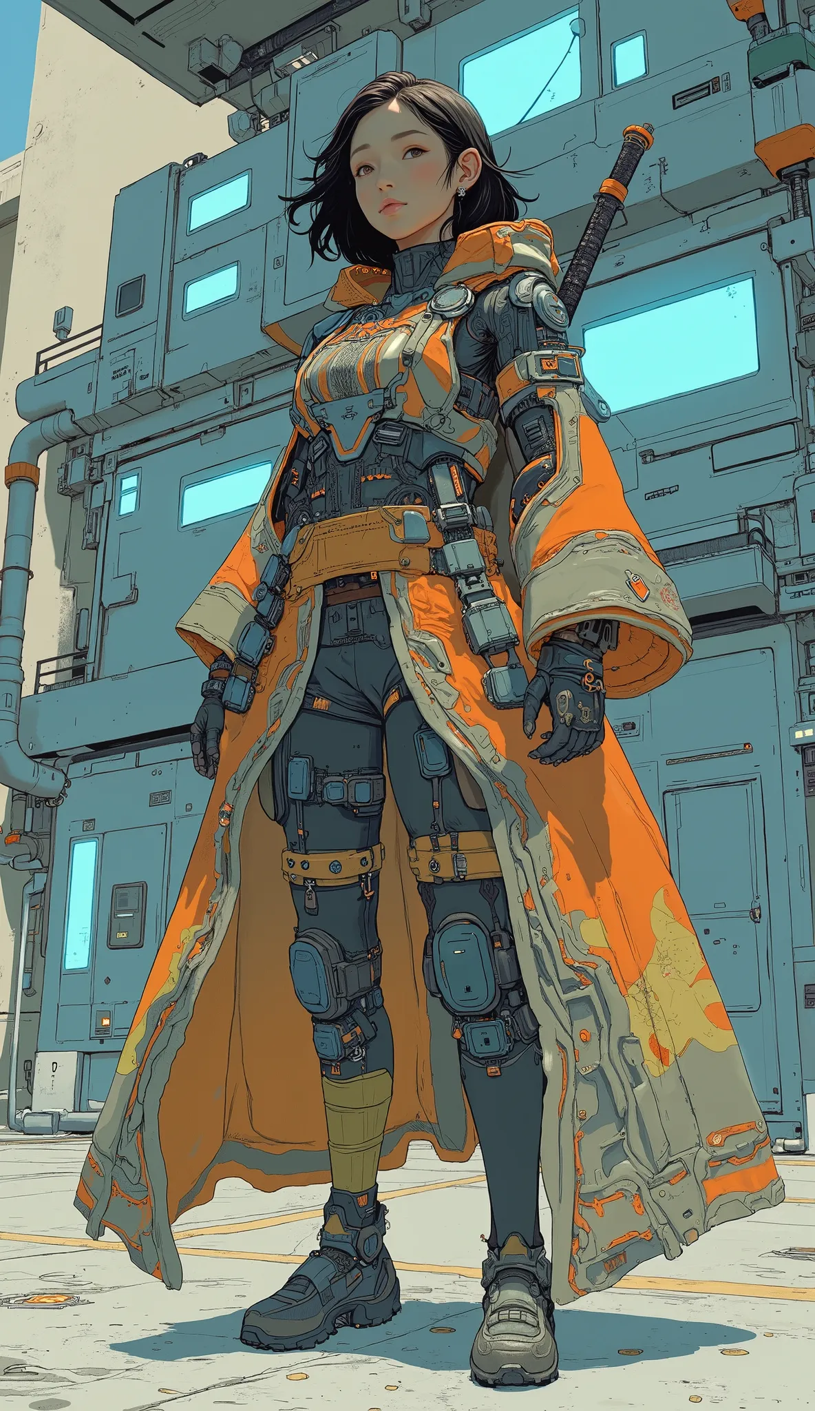 A woman in military uniform holds a knife and sword, very beautiful cyber punk samurai, Japanese Goddess, of Metal Gear Solid wearing tech wear and armor,  wearing Japanese tech wear, Japanese Model, Inspired by the one with a sword tied to the back, Intri...