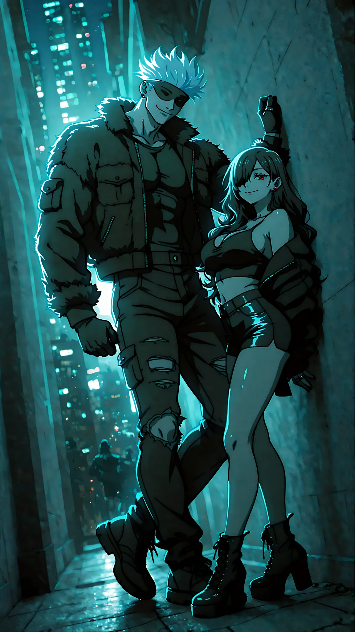 anime style, anime coloring, anime screencap, official style, 8k, HDR, extremely detailed face and eyes, beautiful face and eyes, Glowing_Lights, glowing_light, glowing, glowing_effect, particles, light_particles, light_reflection, BREAK duo focus, hetero, couple, (height difference, size difference:1.5), looking at viewer, happy, night, skyscraper, citylights, night view, leaning against wall, dynamic pose, dynamic angle, dark, dark theme, backlight, dramatic, dramatic lighting, cinematic, cinematic shadows, big anime eyes, beautiful eyes, expressive eyes, bright eyes, long eyelashes, BREAK 1girl, Kuroki Monika, black hair, very long hair, wavy hair, hair over right eye, red eyes, large breasts, petite, curvy, very cute, makeup, eyeliner, eyelashes, earrings, black gloves, cleavage, open clothes, open jacket, jacket, cropped jacket, fur jacket, jacket, black jacket, layered clothes, transparent shirt, shirt overlay, crop-top, black tank top, black shorts, shorts shorts, tight shorts, black boots, platform heels, BREAK 1boy, male focus, gojou satoru \(jujutsu kaisen\), covered eyes, black blindfold, muscular, toned body, wide shoulder, sexy man, handsome, hansome face, mature male, cool, high fashion, compression shirt, black leather jacket, torn jeans, sneakers, earrings, ear piercings, ring, multiple rings, cool_man_style, cool man, stylish man, handsome man, male cool clothes, cool fashion, intricate clothes, intricate accessories, intricate patterns, cool, stylish,