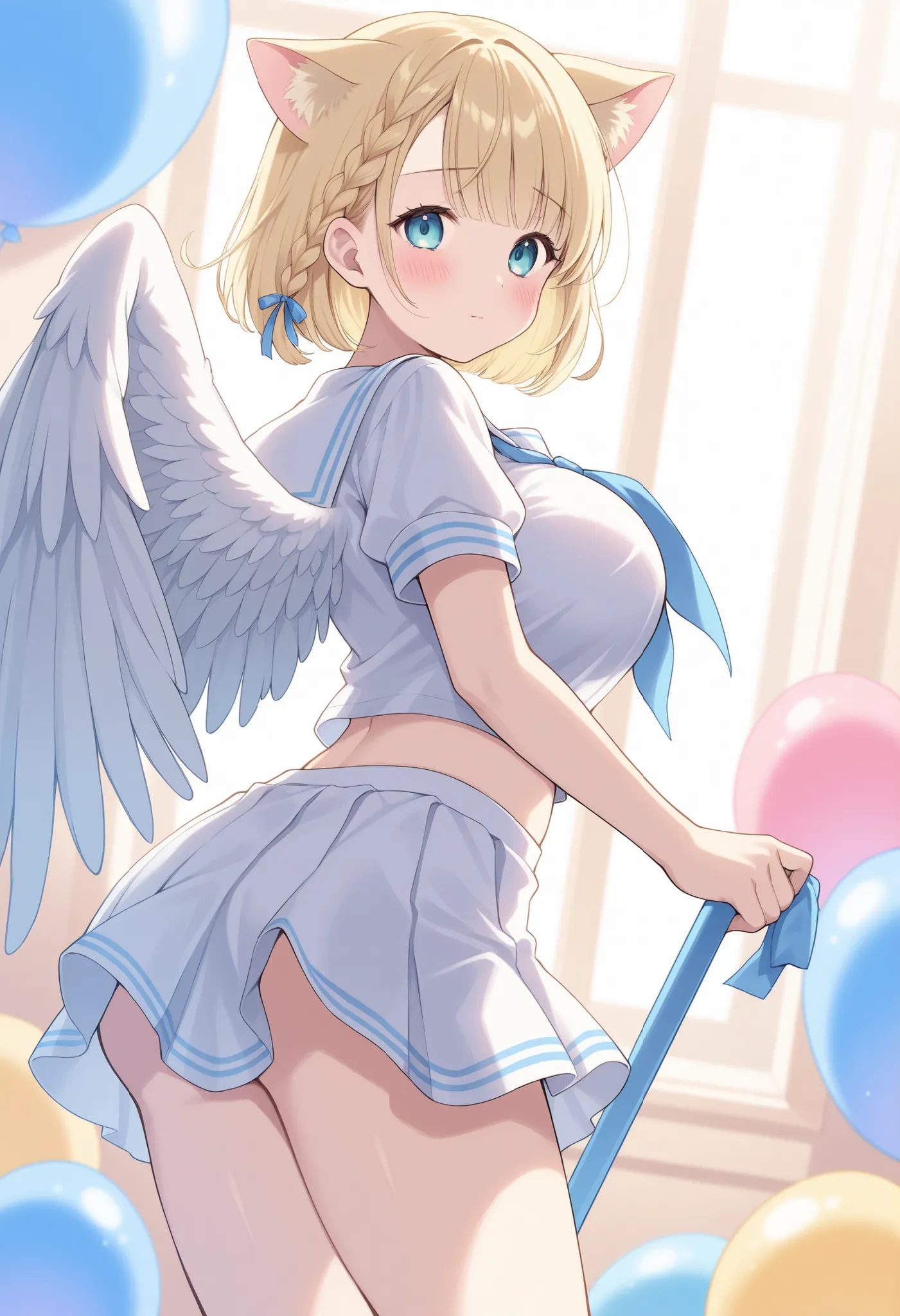 Blonde Cat Ears、Bob Cut Blonde Hair、 braids on both sides、big breasts、Blush