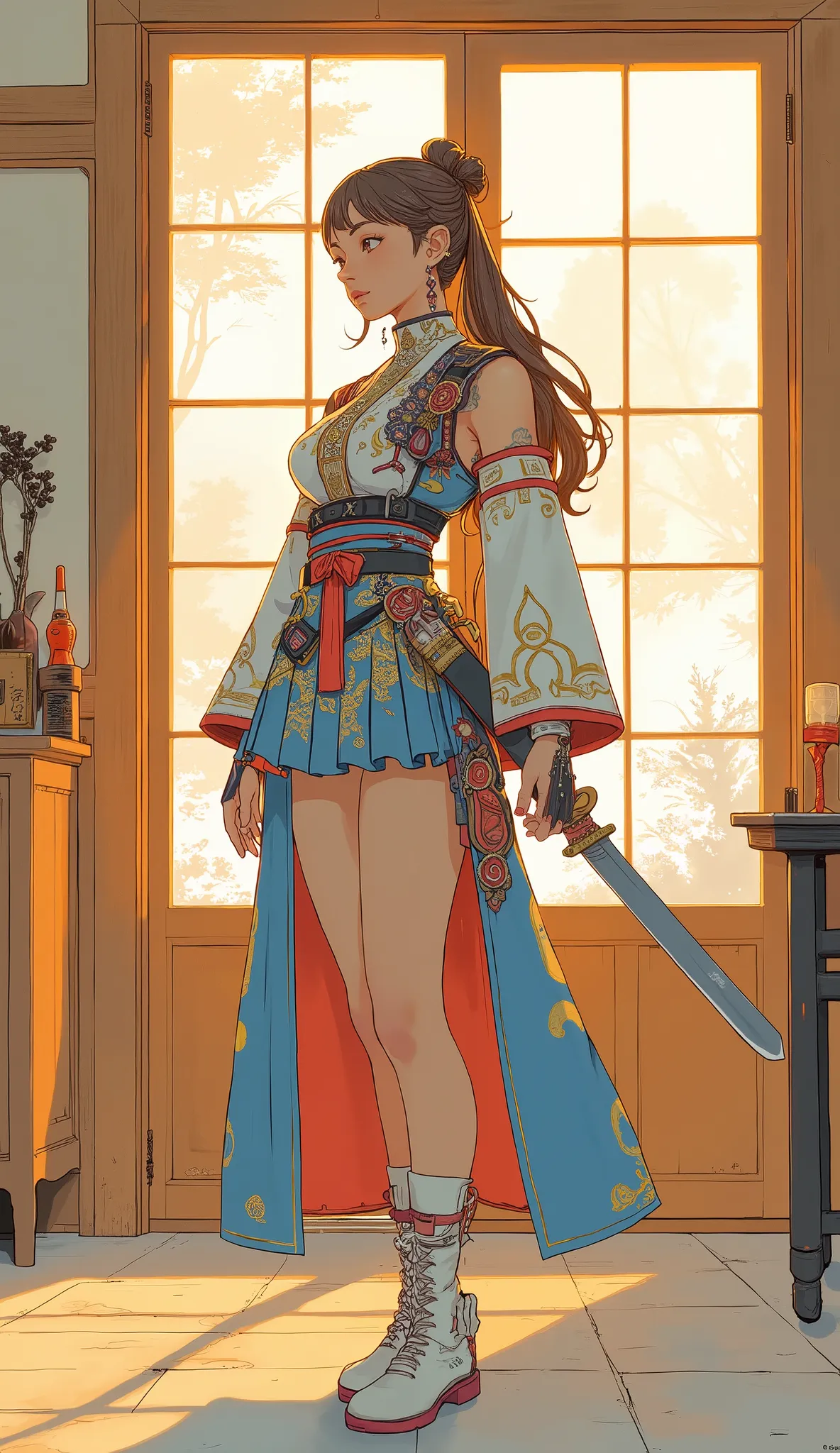 Young woman standing in a sunny room with traditional shoji doors, illuminate her figure with soft light, Warm Light. Her Long, has brown hair nicely styled in a high ponytail, It flows down my back. mixes including floral patterns and abstract designs She...