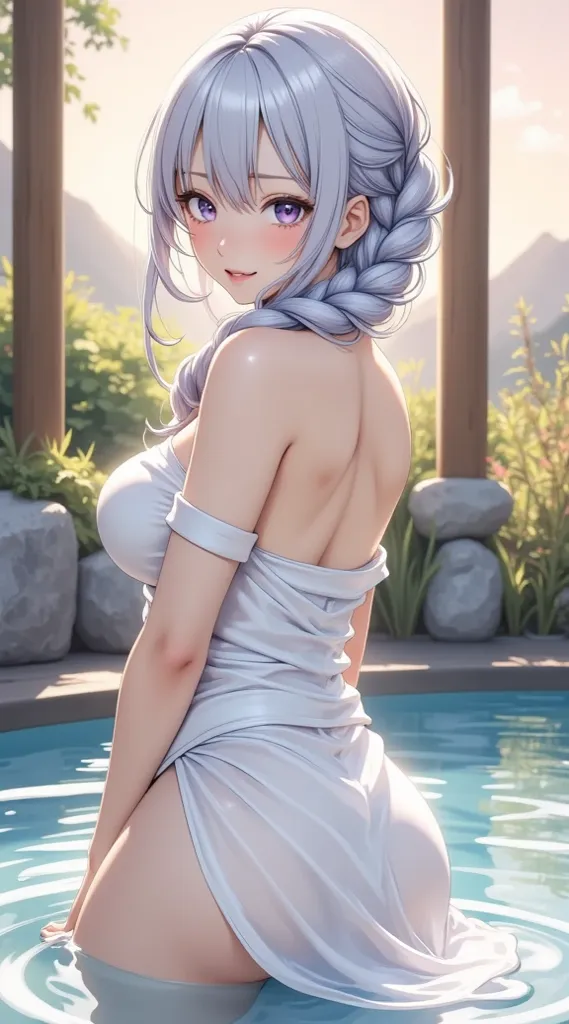  (Masterpiece,  computer, mejor quality,  Clear focus, shadow, anime style, ultra high resolution, 8K, perfect anatomy, perfect face, (Detailed face), (  Detailed eye  ), score_9, score_8_above, score_7_above, score_6_above, score_5_above, score_4_above,  source _animated, Label 1, Label2, quality_Masterpiece, anatomically correct, beautiful face, perfect face, Beautiful and highly Detailed face and eyes, Attractive face, Detailed face, delicate facial features, detailed skin, huge breasts, breast size cup D or DD, wide hips, gigantic butt, thick thighs. Anime style illustration of a beautiful woman with an elegant and sensual fantasy style look with an adorable and seductive appearance. He has white hair with light blue reflections, combed in a long braid that falls down his back. His eyes are big, bright violet color, and he has a flirty expression as he looks over his shoulder. on a wet white towel that sticks to your figure, sitting partially submerged in an onsen (Japanese hot spring bath) surrounded by rocks and wooden structures. In the background you can see vegetation and a warm evening light, that bathes the scene with soft and romantic tones. The artistic style is ultra detailed anime, with a focus on realistic lighting, reflections in water, glowing skin and a relaxing environment with sensual touches.