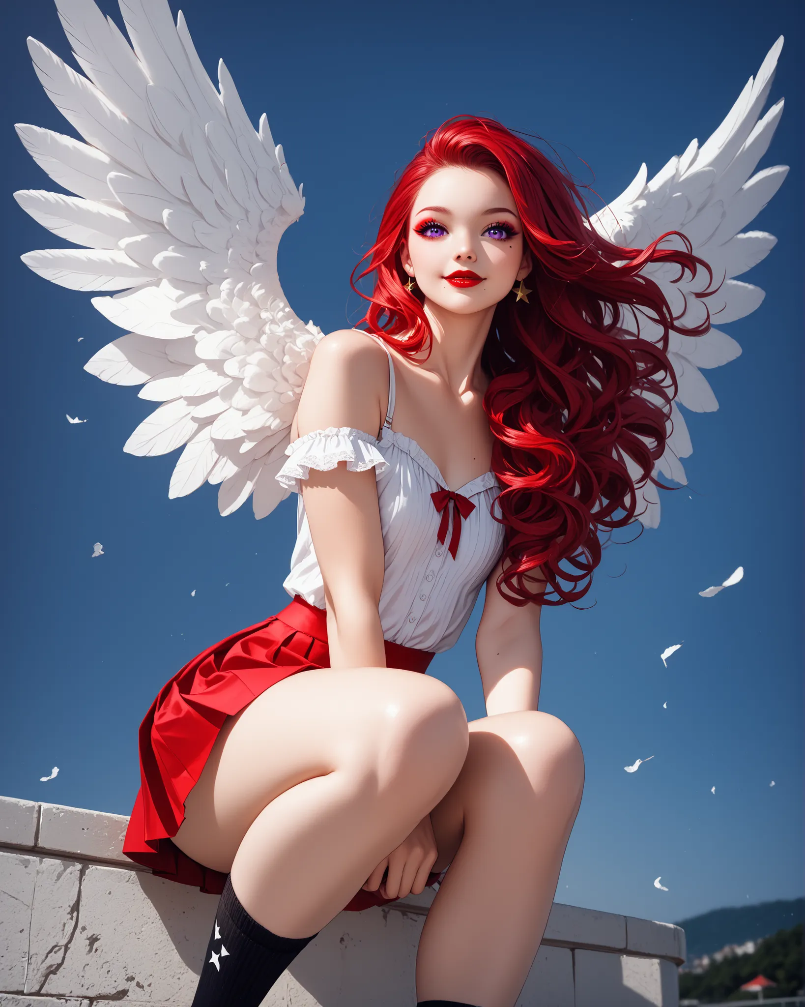 Beautiful red-haired woman with long, straight hair falling under her shoulder, wearing high school clothes, blouse with red tie and red mini skirt, black socks that go up to the knees and All Star sneakers, with angel wings with purple acor, red makeup ar...