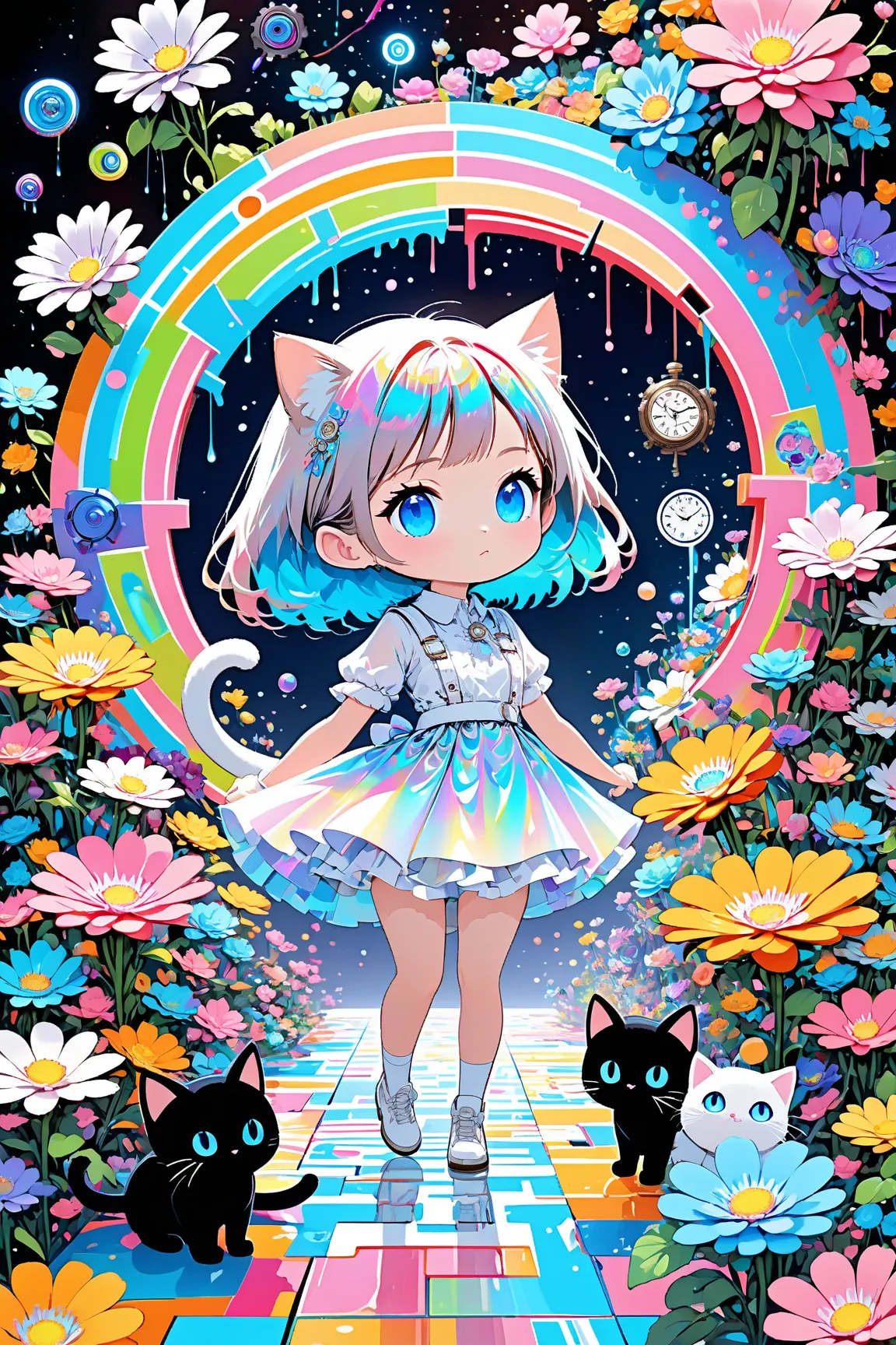 fusion of acrylic and collage paintings, 3D, clockwork, mysterious clockwork space, labyrinth space divided by neon line lights, (dripping fluorescent paint), iridescent flowers blooming from the point of impact, maze, labyrinth shaped, (chibi girl and cat pixar style), black and white and pastel colors, transparent, mysterious and funny high and fine artwork