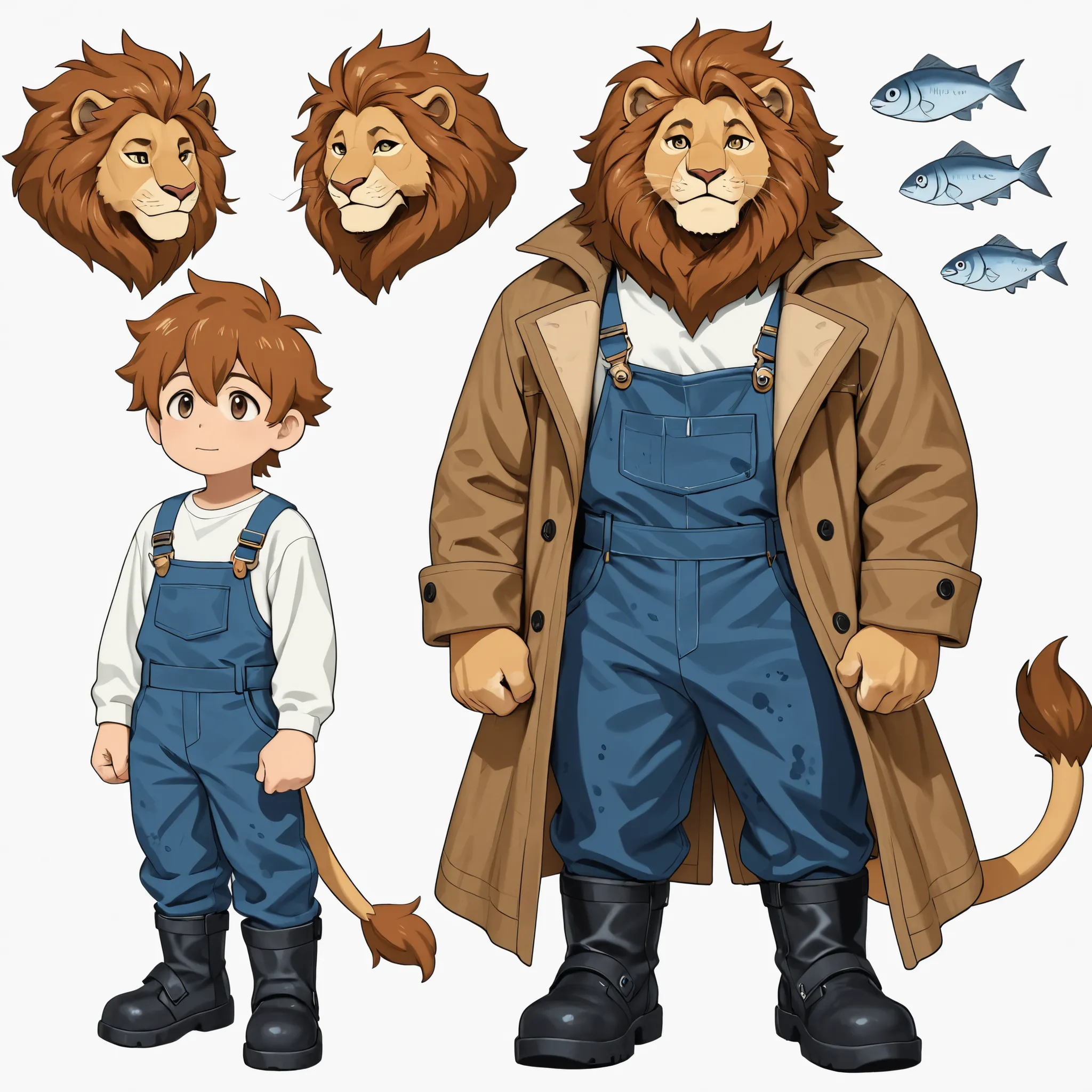 One person、lion human,The coat is chestnut coat、middle aged,50th Generation、Glutinous meat,deep face 、boring、short blue wader,Gentle expressions,Blue Water Repellent Fabric Overalls(No Additional Designs),White shirt without design inside,Black Water Repel...