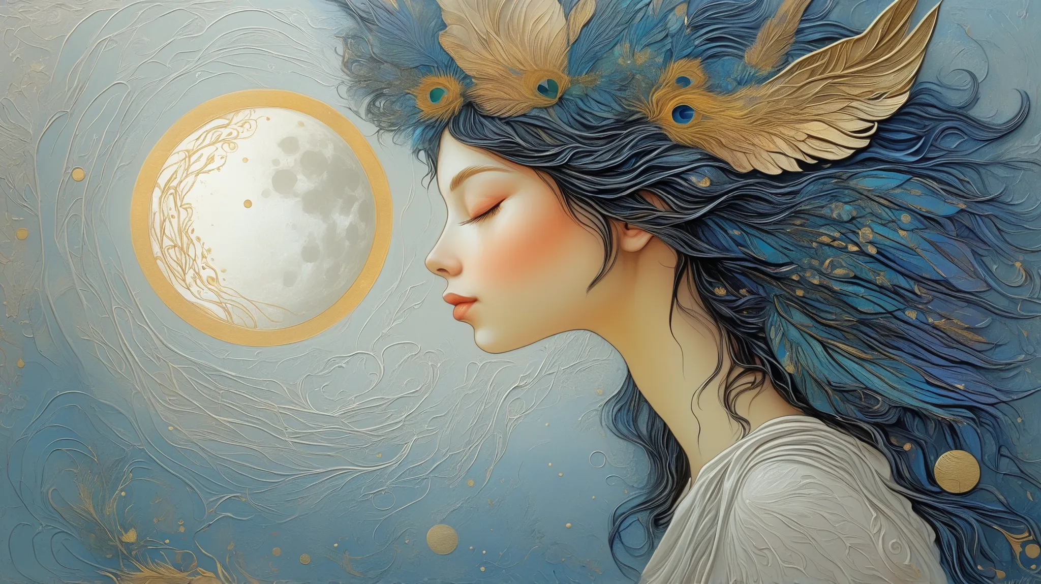 a painting of a woman with wings and a moon in the background, Botticelli and Victo Ngai, ethereal wings, beautiful and intricate painting, por Kelly Mckernan, beautiful intricate painting, intricate and detailed painting, Ethereal Angelic Being of Light ...