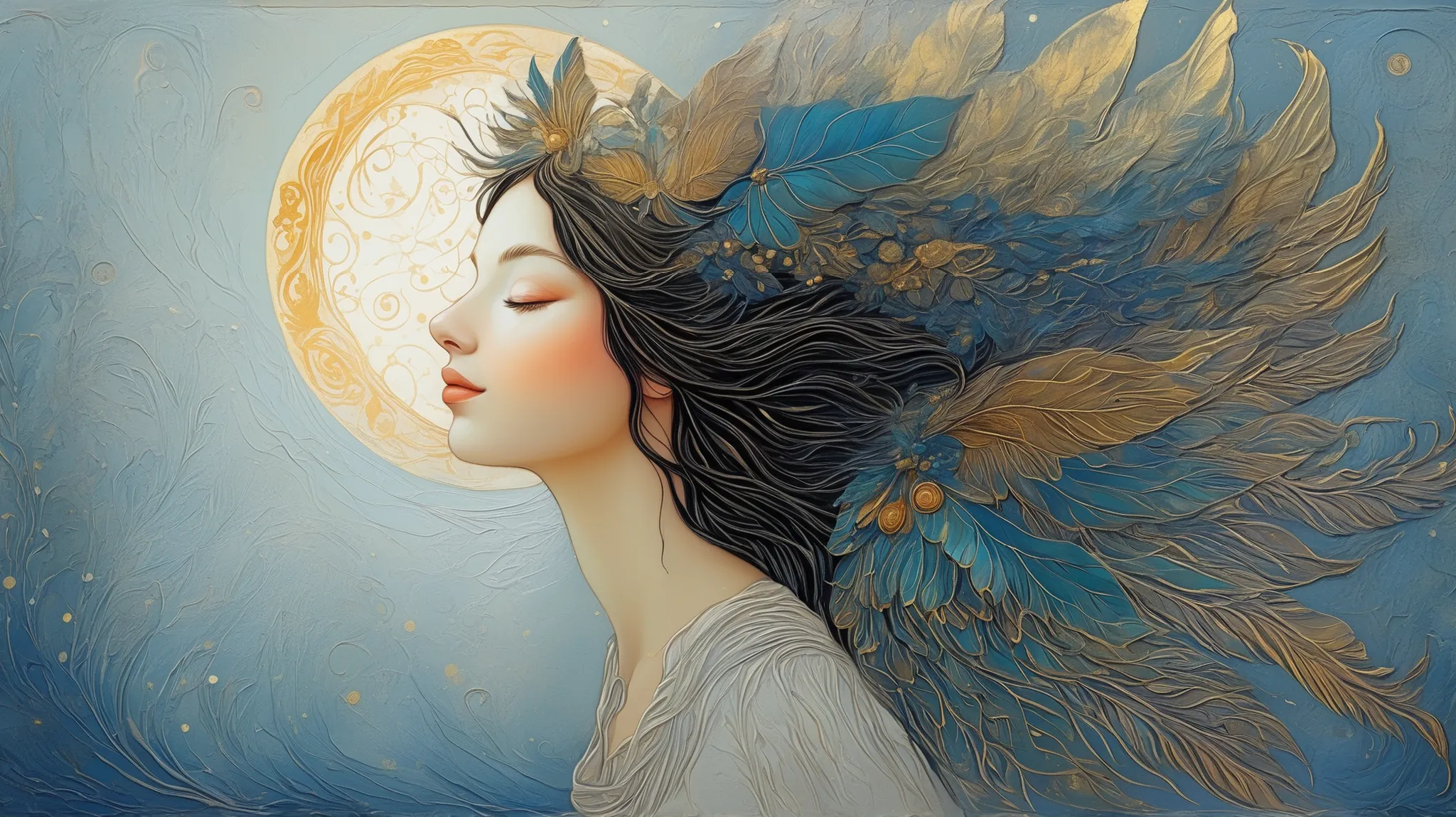 a painting of a woman with wings and a moon in the background, Botticelli and Victo Ngai, ethereal wings, beautiful and intricate painting, por Kelly Mckernan, beautiful intricate painting, intricate and detailed painting, Ethereal Angelic Being of Light ...