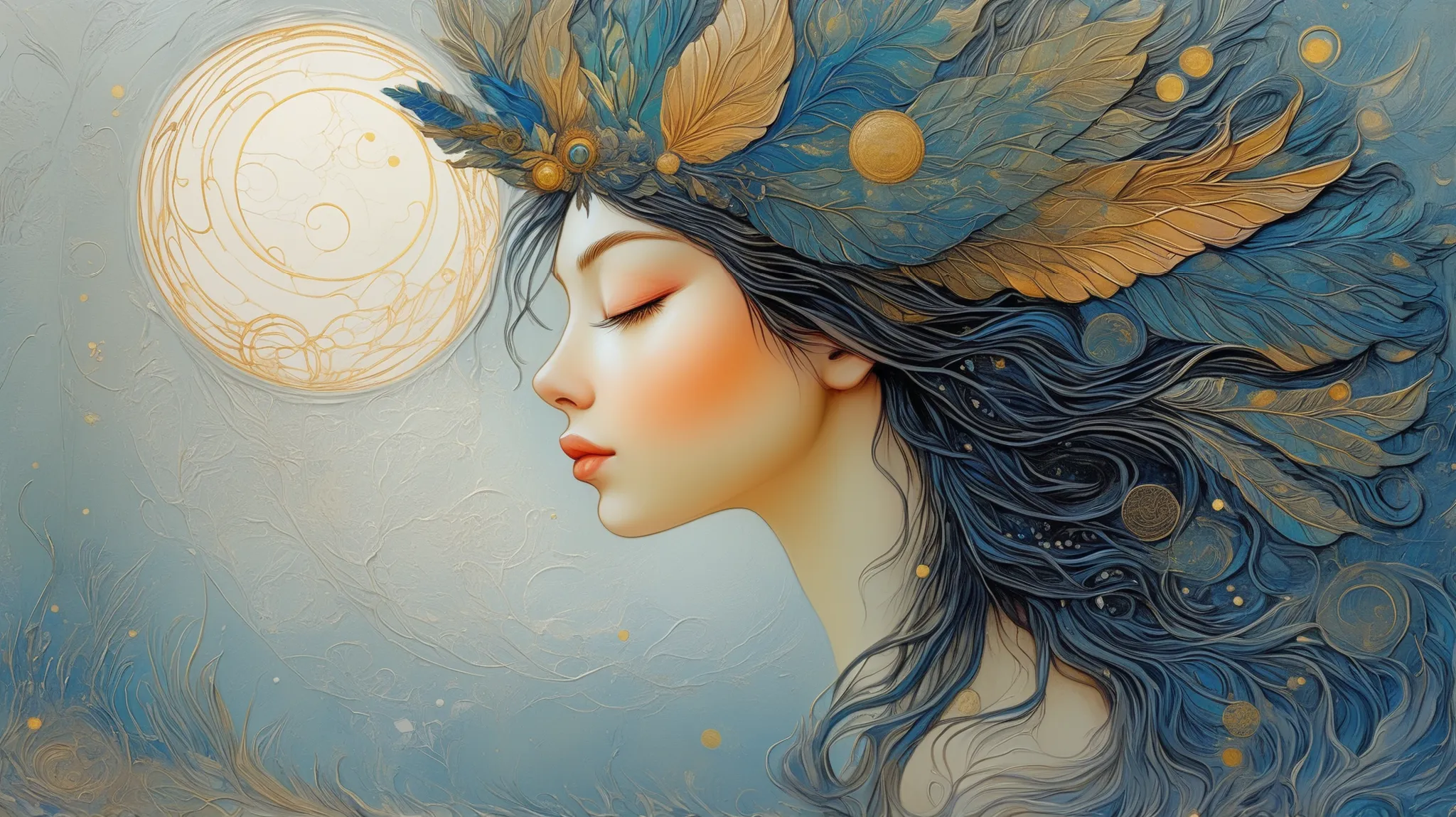 a painting of a woman with wings and a moon in the background, Botticelli and Victo Ngai, ethereal wings, beautiful and intricate painting, por Kelly Mckernan, beautiful intricate painting, intricate and detailed painting, Ethereal Angelic Being of Light ...