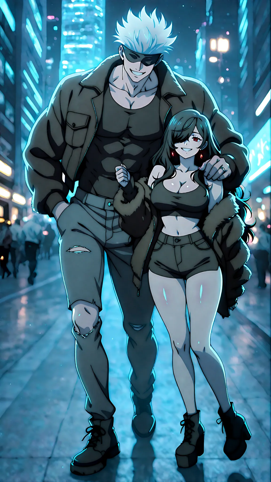 anime style, anime coloring, anime screencap, official style, 8k, HDR, extremely detailed face and eyes, beautiful face and eyes, Glowing_Lights, glowing_light, glowing, glowing_effect, particles, light_particles, light_reflection, BREAK duo focus, hetero, couple, (height difference, size difference:1.5), looking at viewer, happy, smile, laugh, romantic couple, cool couple, night, skyscraper, citylights, night view, wal, dynamic pose, dynamic angle, backlight, dramatic lighting, cinematic, cinematic shadows, big anime eyes, beautiful eyes, expressive eyes, bright eyes, long eyelashes, BREAK 1girl, Kuroki Monika, black hair, very long hair, wavy hair, ((hair over right eye)), red eyes, large breasts, petite, curvy, very cute, makeup, eyeliner, eyelashes, earrings, black gloves, cleavage, open clothes, open jacket, jacket, cropped jacket, fur jacket, jacket, black jacket, layered clothes, transparent shirt, shirt overlay, crop-top, black tank top, black shorts, shorts shorts, tight shorts, black boots, platform heels, BREAK 1boy, male focus, gojou satoru \(jujutsu kaisen\), covered eyes, black blindfold, muscular, toned body, wide shoulder, sexy man, handsome, hansome face, mature male, cool, high fashion, compression shirt, black leather jacket, torn jeans, sneakers, earrings, ear piercings, ring, multiple rings, cool_man_style, cool man, stylish man, handsome man, male cool clothes, cool fashion, intricate clothes, intricate accessories, intricate patterns, cool, stylish,