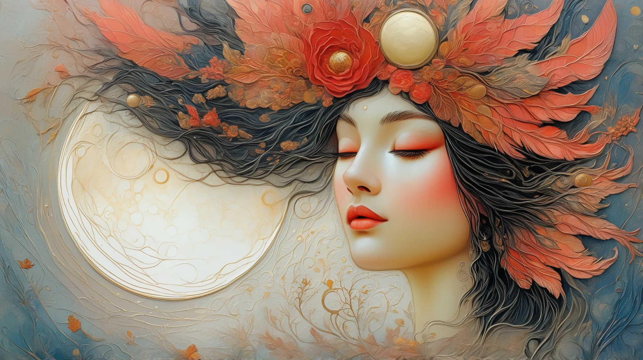 a painting of a woman with wings and a moon in the background, Botticelli and Victo Ngai, ethereal wings, beautiful and intricate painting, por Kelly Mckernan, beautiful intricate painting, intricate and detailed painting, Ethereal Angelic Being of Light ...