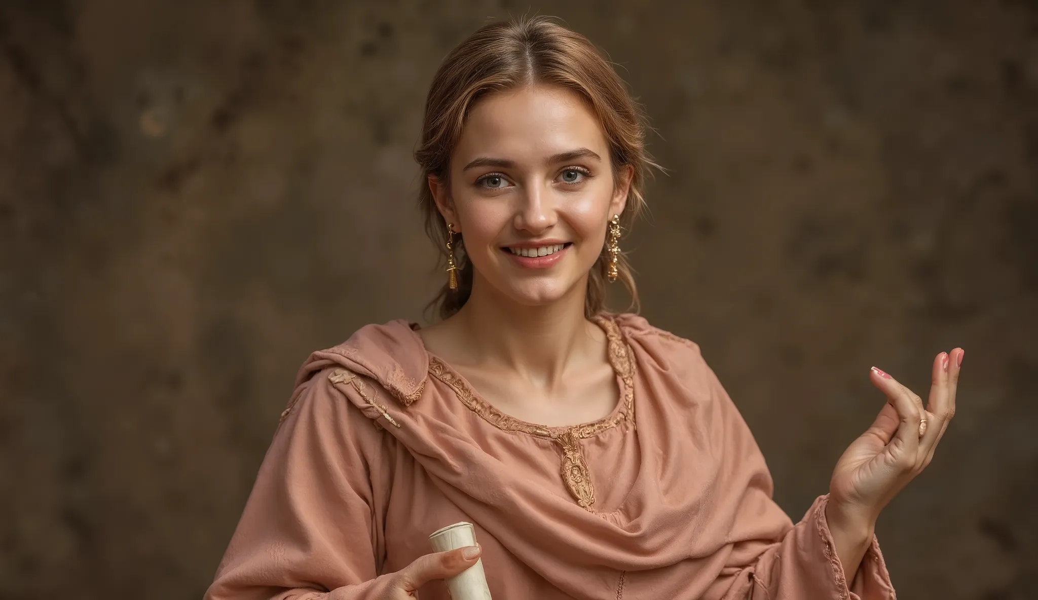 A Roman patrician lady with a playful, confident smile. Her eyes sparkle with gentle irony, and she holds a scroll loosely in one hand. Her robe is pale rose with gold trims. Expression shows intelligence and subtle charm. Realistic, soft cinematic tone, 1...