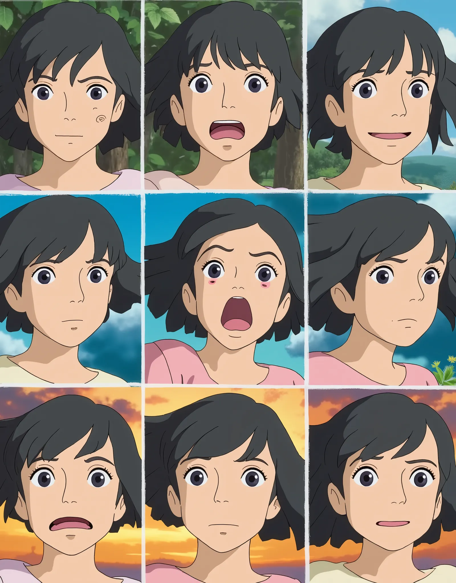 6-Grid, Beautiful female, Original character, ((Multiple Expression : Anxiety, Guilty, Laughing,Sleepy, Happy, Angry)), Anime style, Studio Ghibli Style.