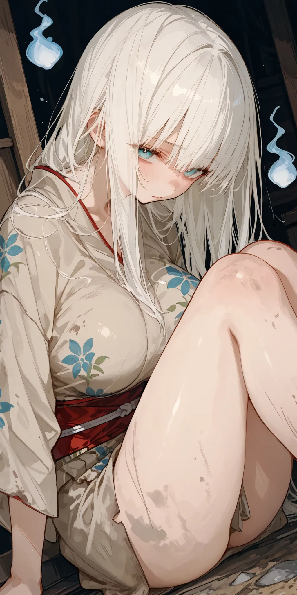 best quality, masterpiece, ultra detailed, general, SakimiStyle, SagawaStyle, 748cmstyle, 1girl, large breast, sweet, side angle, white long hair, knees up, tight head, tattered clothes, poverty, poor girl, tunic, chibi girl, dirty kimono, old kimono, enti...