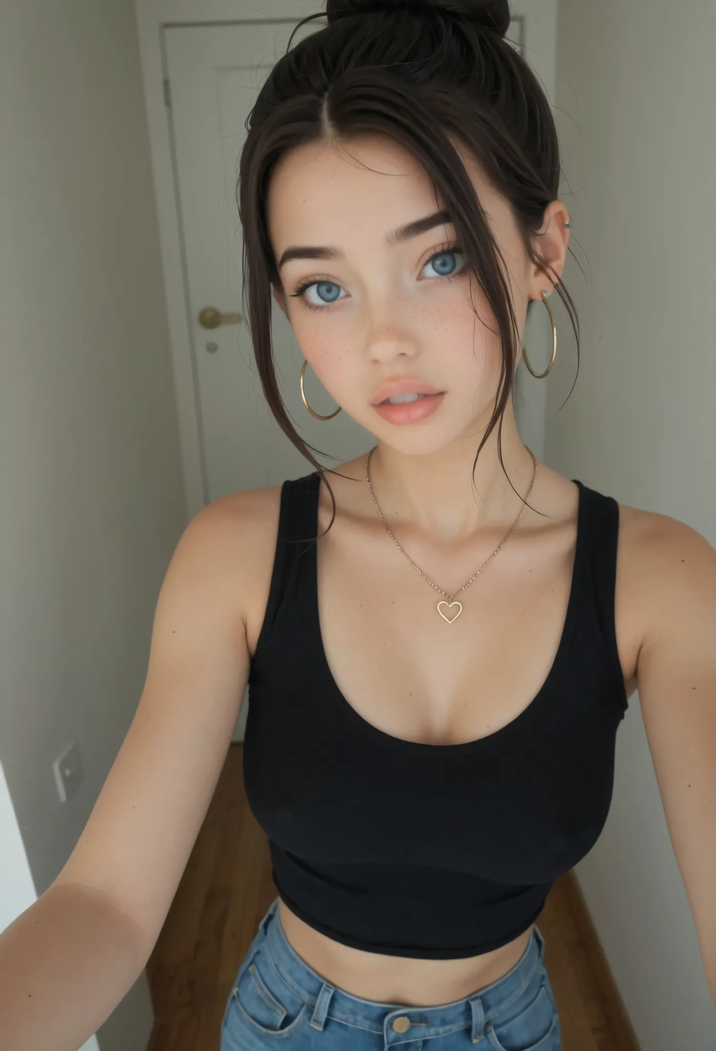 1girl, dark hair, hair bun, bangs, blue eyes, glossy lips, parted lips, soft expression, natural makeup, earrings, hoop earrings, sleeveless shirt, black shirt, tight jeans, warm lighting, casual, selfie, looking at viewer, jewelry, necklace, high bun, sof...