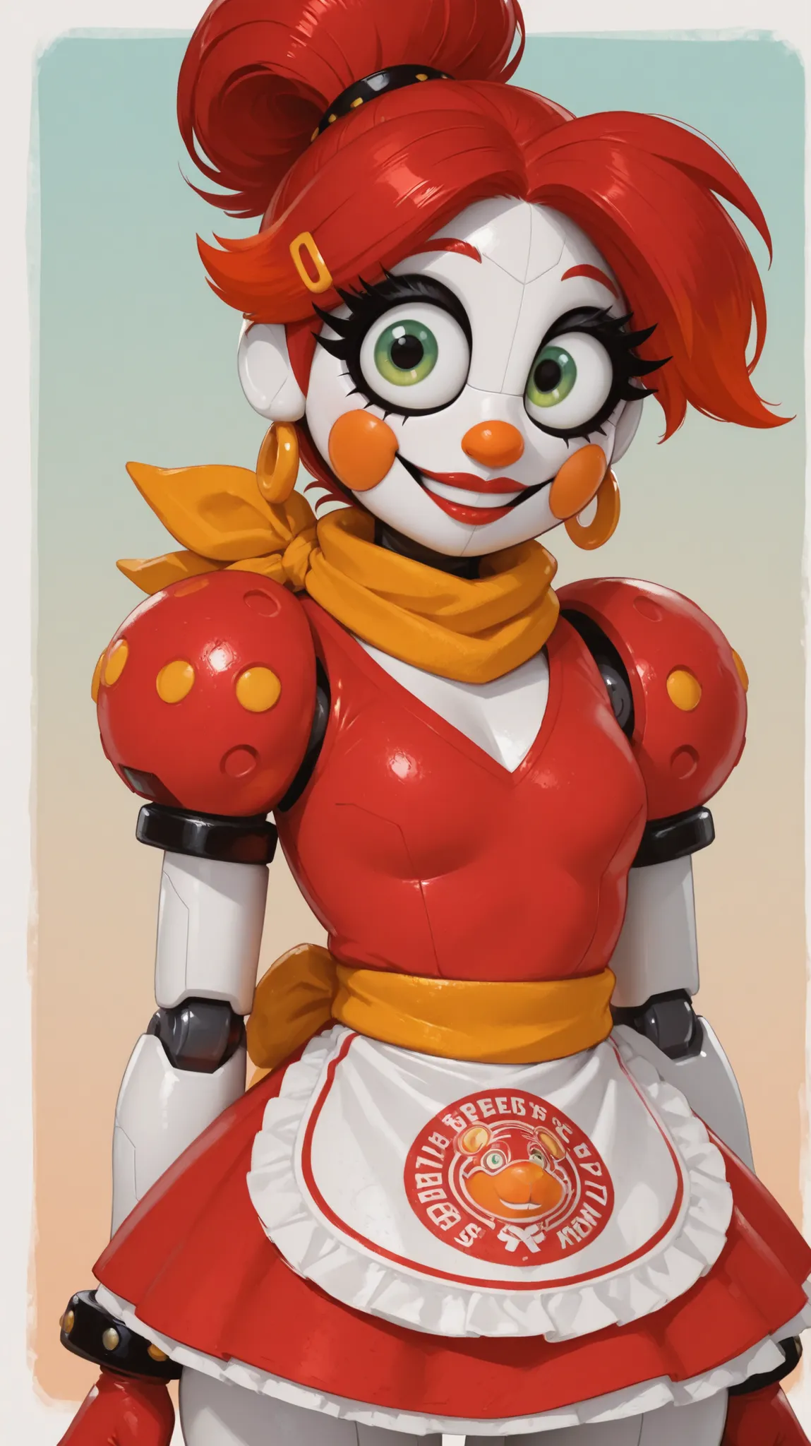 1 girl, a very beautiful porcelain robot girl, big eyes with big black eyeliner and big eyelashes, a beautiful and long smile with a slightly discreet orange-red lipstick, red hair with golden earrings and a ponytail hairstyle, hair clip with studs, red dr...
