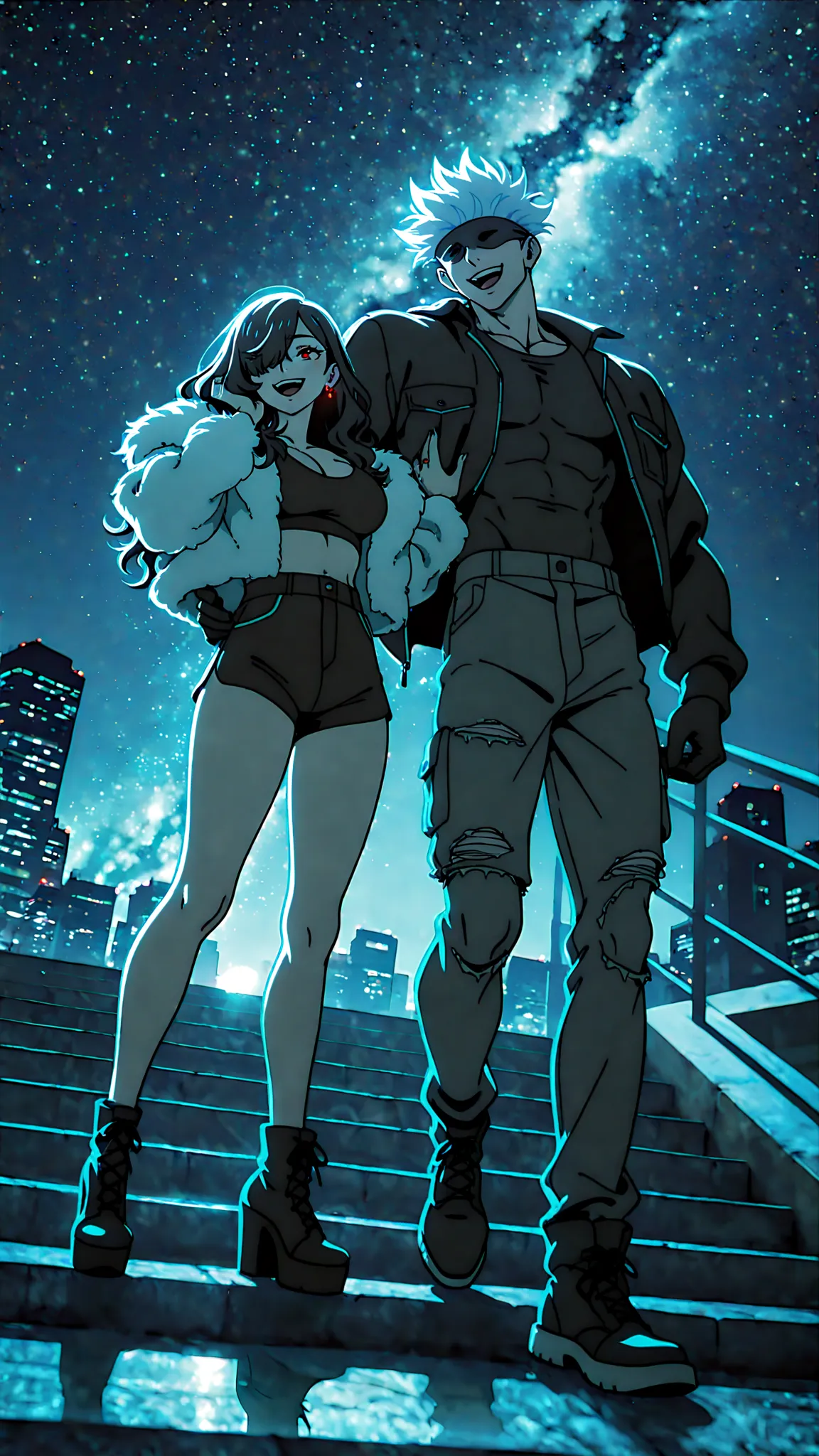 anime style, anime coloring, anime screencap, official style, 8k, HDR, extremely detailed face and eyes, beautiful face and eyes, Glowing_Lights, glowing_light, glowing, glowing_effect, particles, light_particles, light_reflection, BREAK duo focus, hetero, couple, (height difference, size difference:1.5), happy, smile, laugh, romantic couple, cool couple, starry sky, night, skyscraper, citylights, night view, looking at another, sitting on stairs, dynamic pose, dynamic angle, vibrant colors, cinematic, cinematic lightings, cinematic shadows, big anime eyes, beautiful eyes, expressive eyes, bright eyes, long eyelashes, BREAK 1girl, Kuroki Monika, black hair, very long hair, wavy hair, ((hair over right eye)), red eyes, large breasts, petite, curvy, very cute, makeup, eyeliner, eyelashes, earrings, black gloves, cleavage, open clothes, open jacket, jacket, cropped jacket, fur jacket, jacket, black jacket, layered clothes, transparent shirt, shirt overlay, crop-top, black tank top, black shorts, shorts shorts, tight shorts, black boots, platform heels, BREAK 1boy, male focus, gojou satoru \(jujutsu kaisen\), covered eyes, black blindfold, muscular, toned body, wide shoulder, sexy man, handsome, hansome face, mature male, cool, high fashion, compression shirt, black leather jacket, torn jeans, sneakers, earrings, ear piercings, ring, multiple rings, cool_man_style, cool man, stylish man, handsome man, male cool clothes, cool fashion, intricate clothes, intricate accessories, intricate patterns, cool, stylish,