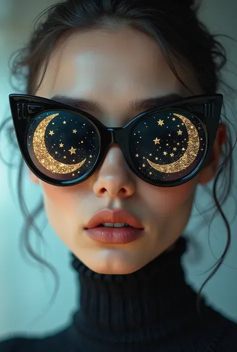 Model wearing glass sunglasses，There are stars and moon on the lens