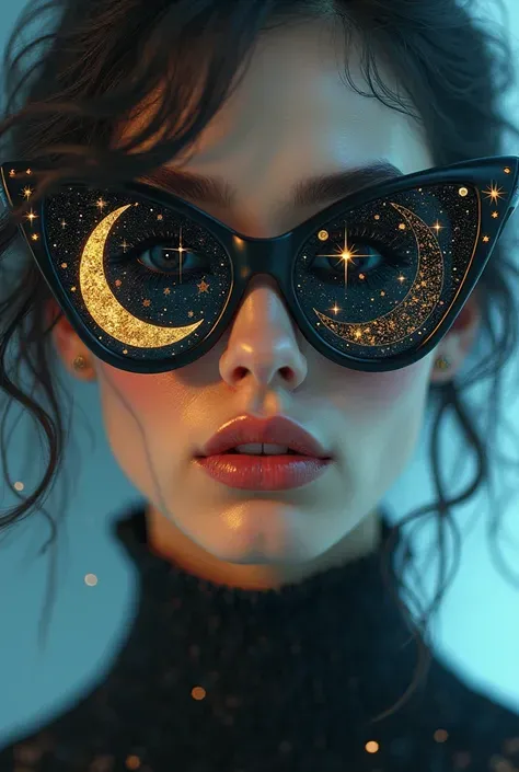 Model wearing glass sunglasses，There are stars and moon on the lens