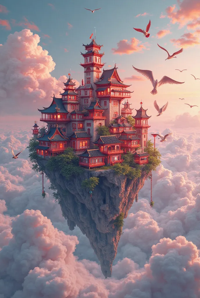 colours (fanciful: 1.2), ( Traditional Chinese Style ), ( Irregular Red Buildings Floating in the Clouds), Patchwork cottage , floral decorations , lamp lights, Andreas Rocha style conceptual art, Artstation Contest Winners , fanciful art, ( Castle in t...