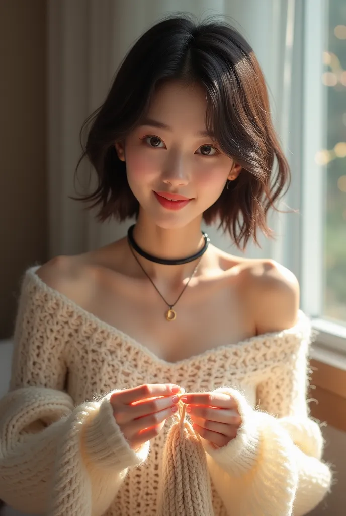PremiumQuality, masterpiece, Ultra High Resolution, Realistis, 1 girl , Off-the-shoulder, knitting, Smile , Smile , The are slightly visible, Extra large size _Sweaters, soft lighting, delicate skin, By bangs, hair, Clear eyes, 短鲍勃hair型, transparency, jpn...