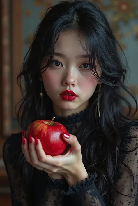 ((RAW photos),Absurd ,(Absurd 分辨率)),masterpiece,Best quality,(extremely detailed 8k unity CG wallpaper),(Most Best Illustration),(BEST SHADOW),Realistic lighting,Beautiful and detailed brilliance ,((21yo)),girl,longblackhair,Black Queen,accessories,Hold an...