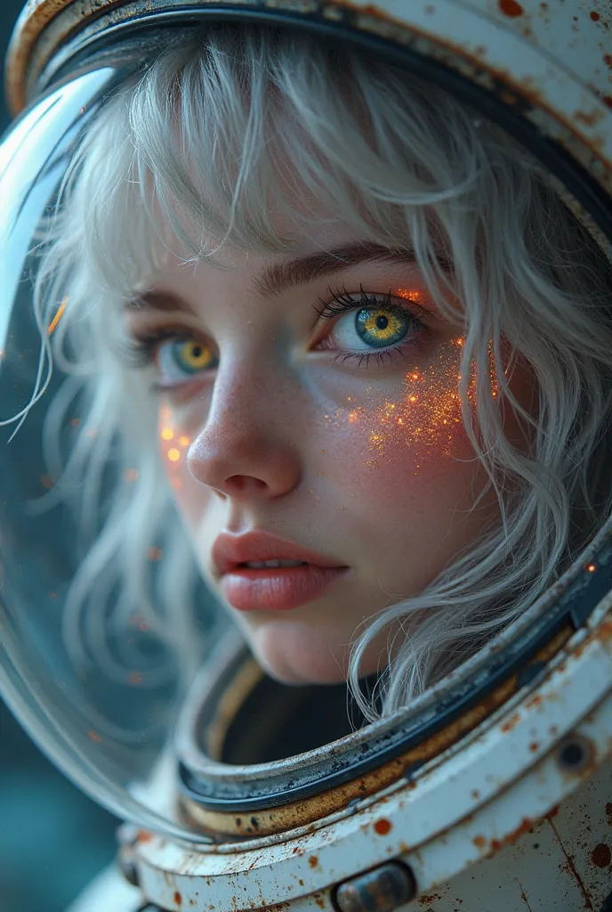 (Close-up of a masterpiece:1.5)0.9]，(Space and astronauts:1.2) (Messy silver hair:1.1) (Heterochromia yellow blue eyes:1.2) (Casque spatial:1.0) (Colorful stars in the eyes:1.0) (Dazzling light:1.1) (Thick lip:0.9)