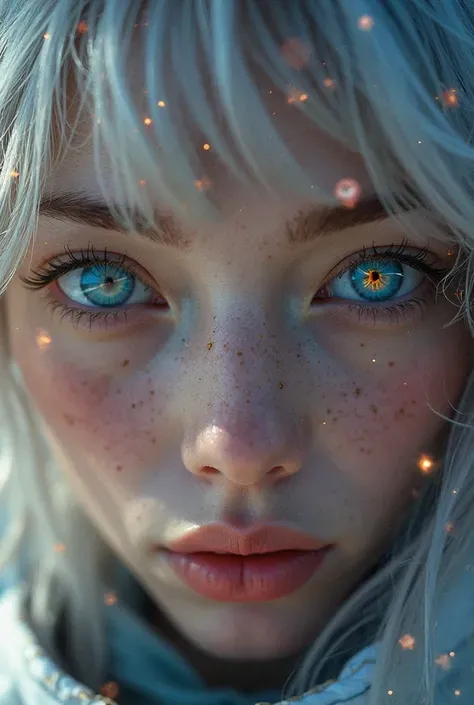 (Close-up of a masterpiece:1.5)0.9]，(Space and astronauts:1.2) (Messy silver hair:1.1) (Heterochromia yellow blue eyes:1.2) (Casque spatial:1.0) (Colorful stars in the eyes:1.0) (Dazzling light:1.1) (Thick lip:0.9)