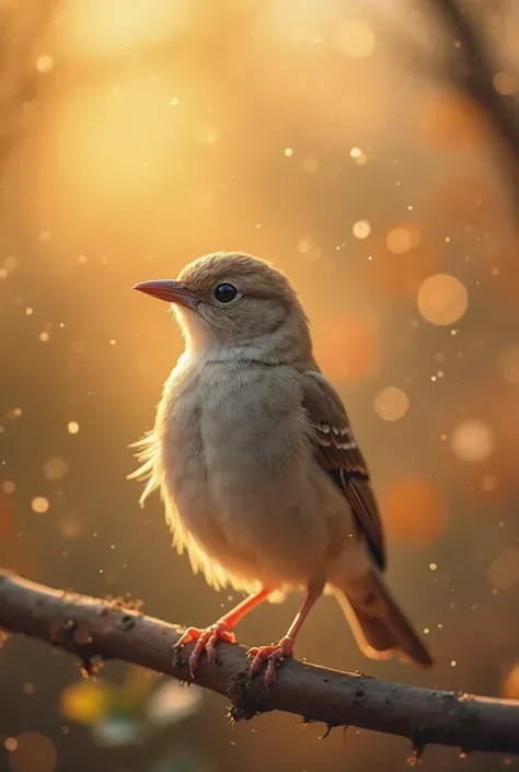 A charming close-up portrait，Showing a beautiful bird，Illuminated by soft golden light on a quiet morning，The bokeh ball gently frames its petite body