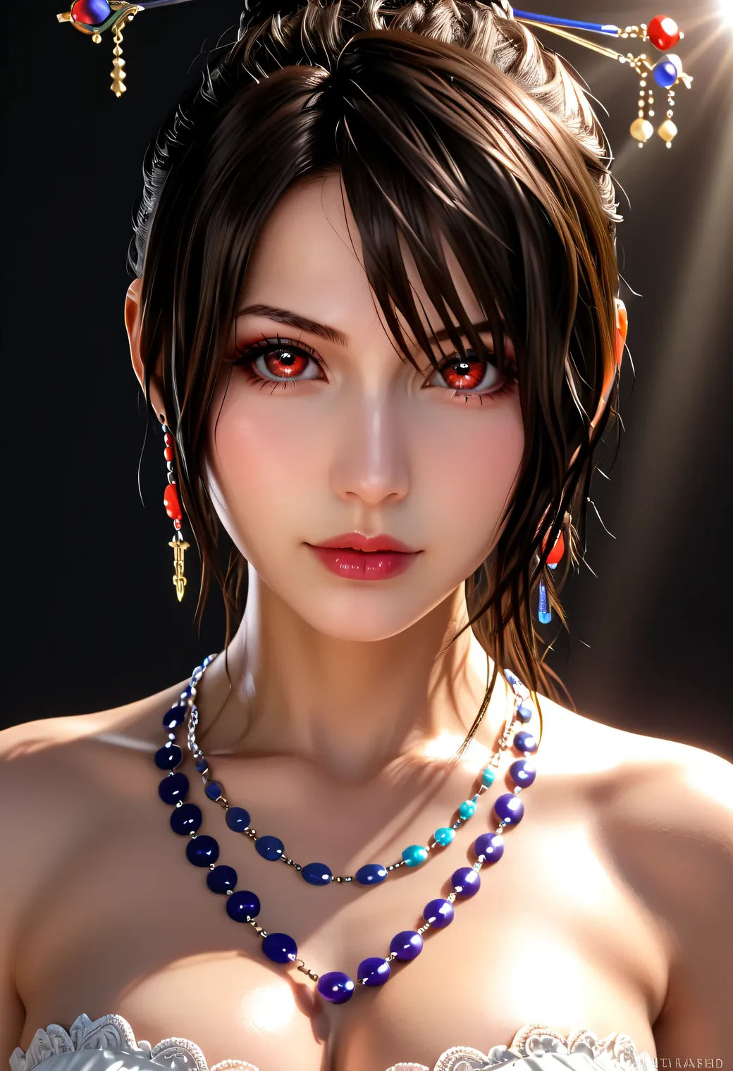 mid-distance view, waist-up shot, half-body shot, on dark-black dark background, dark room, spotlight on female character, sole focus, beautiful 3D render, hyperreal 3D modeling, sultry attractive Lulu, Final Fantasy VII Remake style, Final Fantasy X remak...