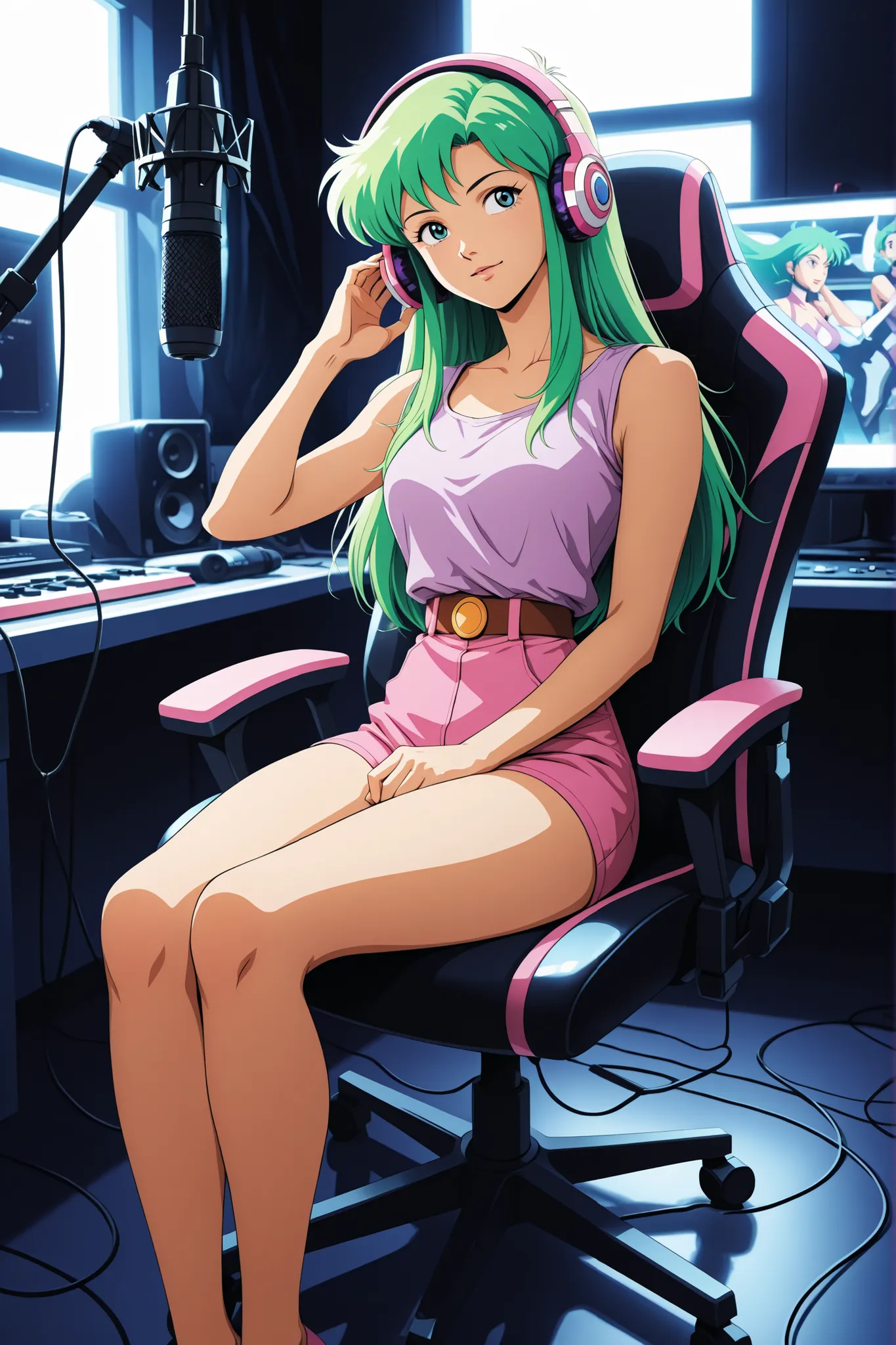 Time Gal with long green hair, wearing headphones, sitting in a gamer's chair with a mic on a stand performing a podcast, indoors, natural lighting, in a highly detailed anime style