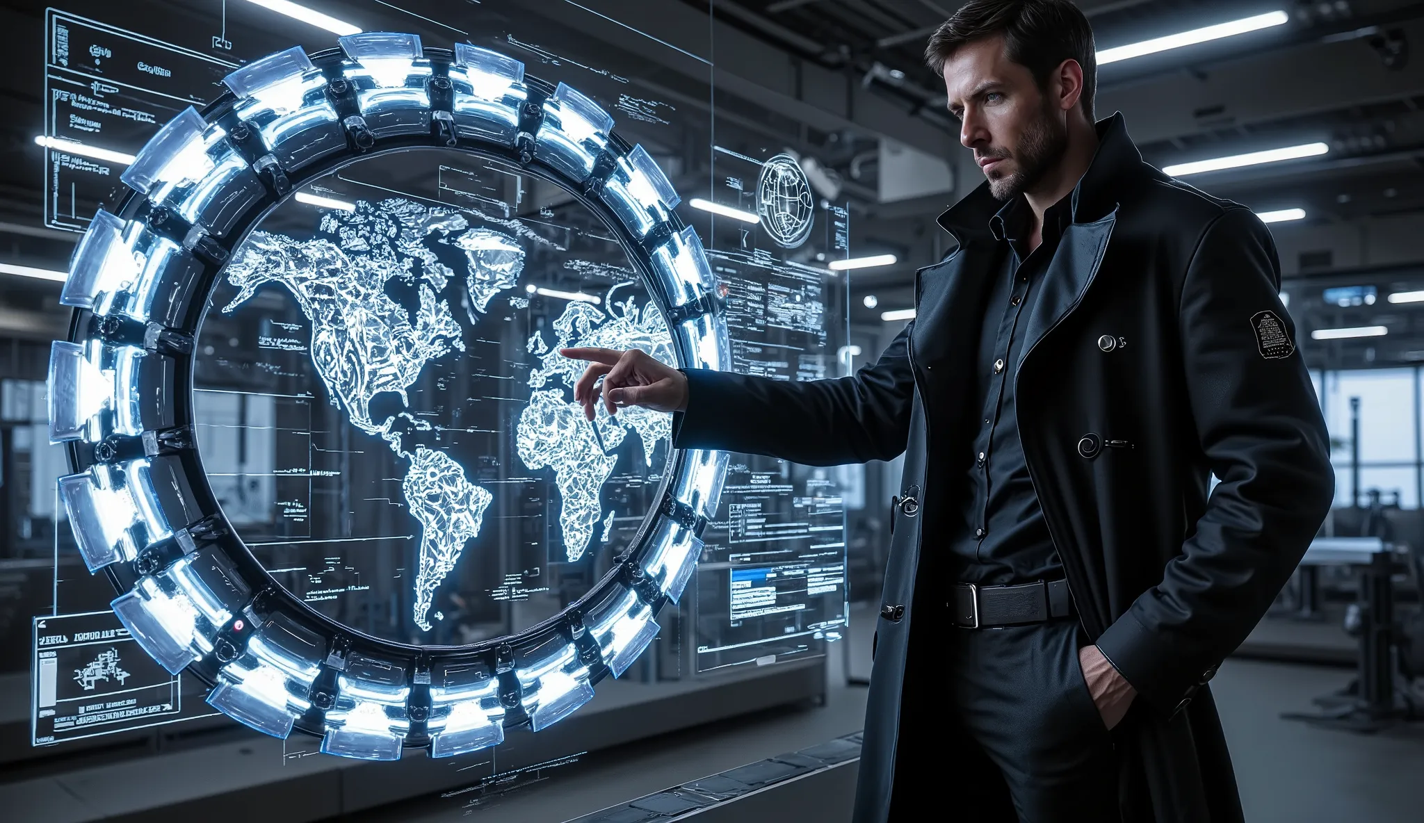A highly advanced futuristic command center, inspired by the movie Minority Report. A man stands in front of a massive, semi-transparent holographic interface that floats in mid-air. He wears a sleek black tech suit with subtle illuminated patterns. With i...