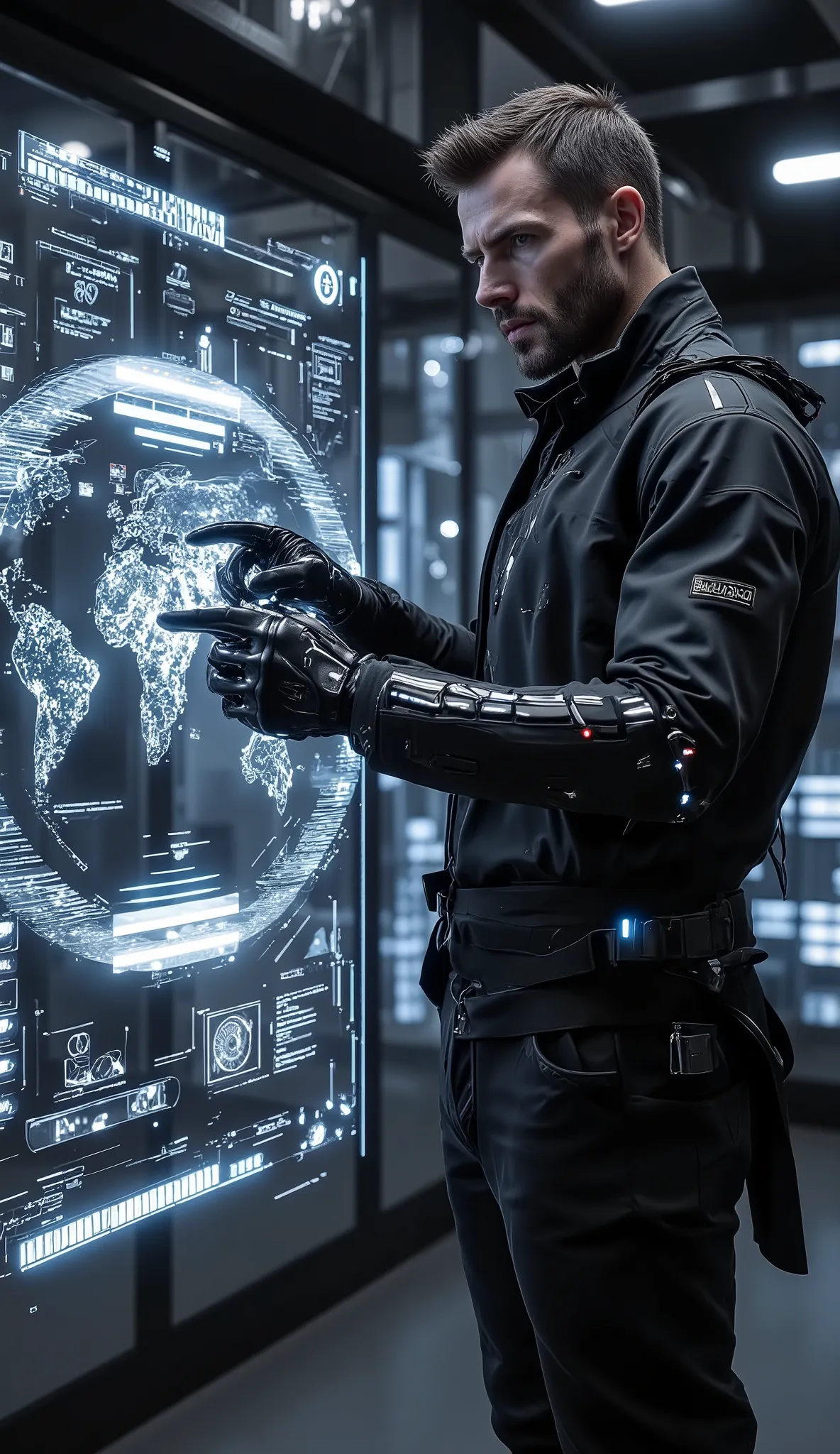 A highly advanced futuristic command center, inspired by the movie Minority Report. A man stands in front of a massive, semi-transparent holographic interface that floats in mid-air. He wears a sleek black tech suit with subtle illuminated patterns. With i...
